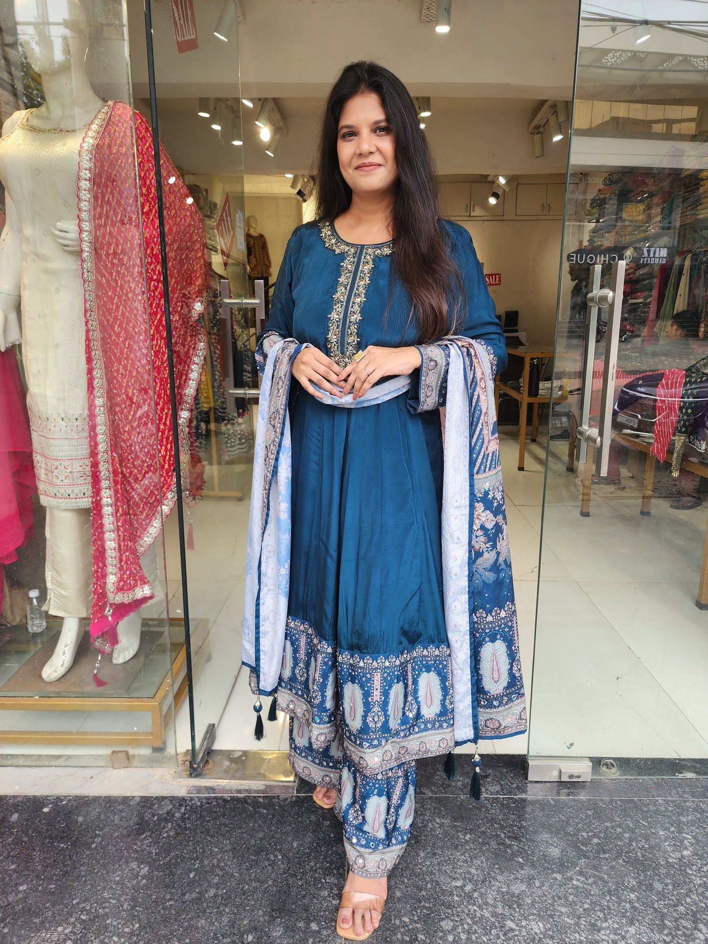 Teal blue digital print anarkali suit