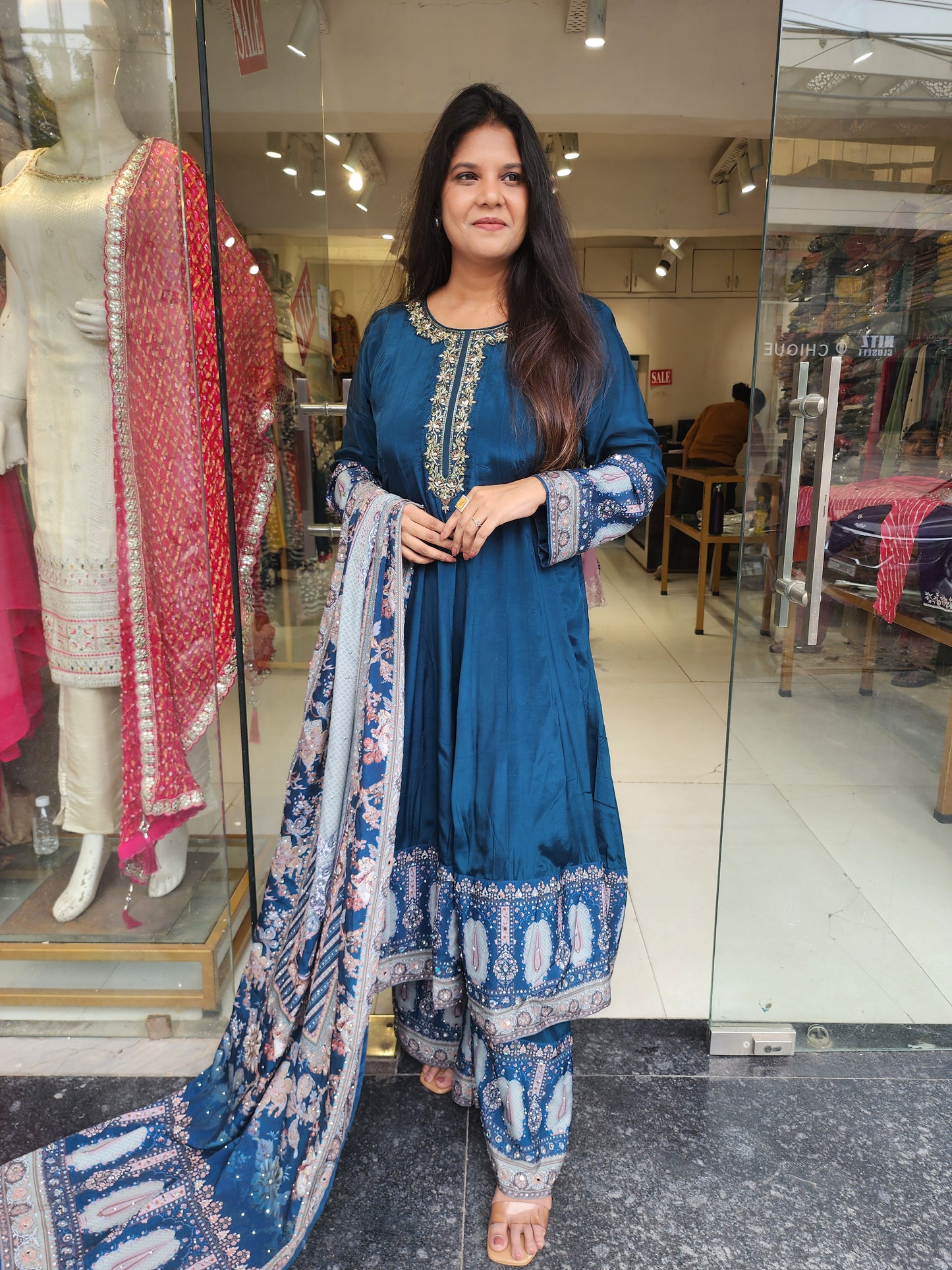 Teal blue digital print anarkali suit