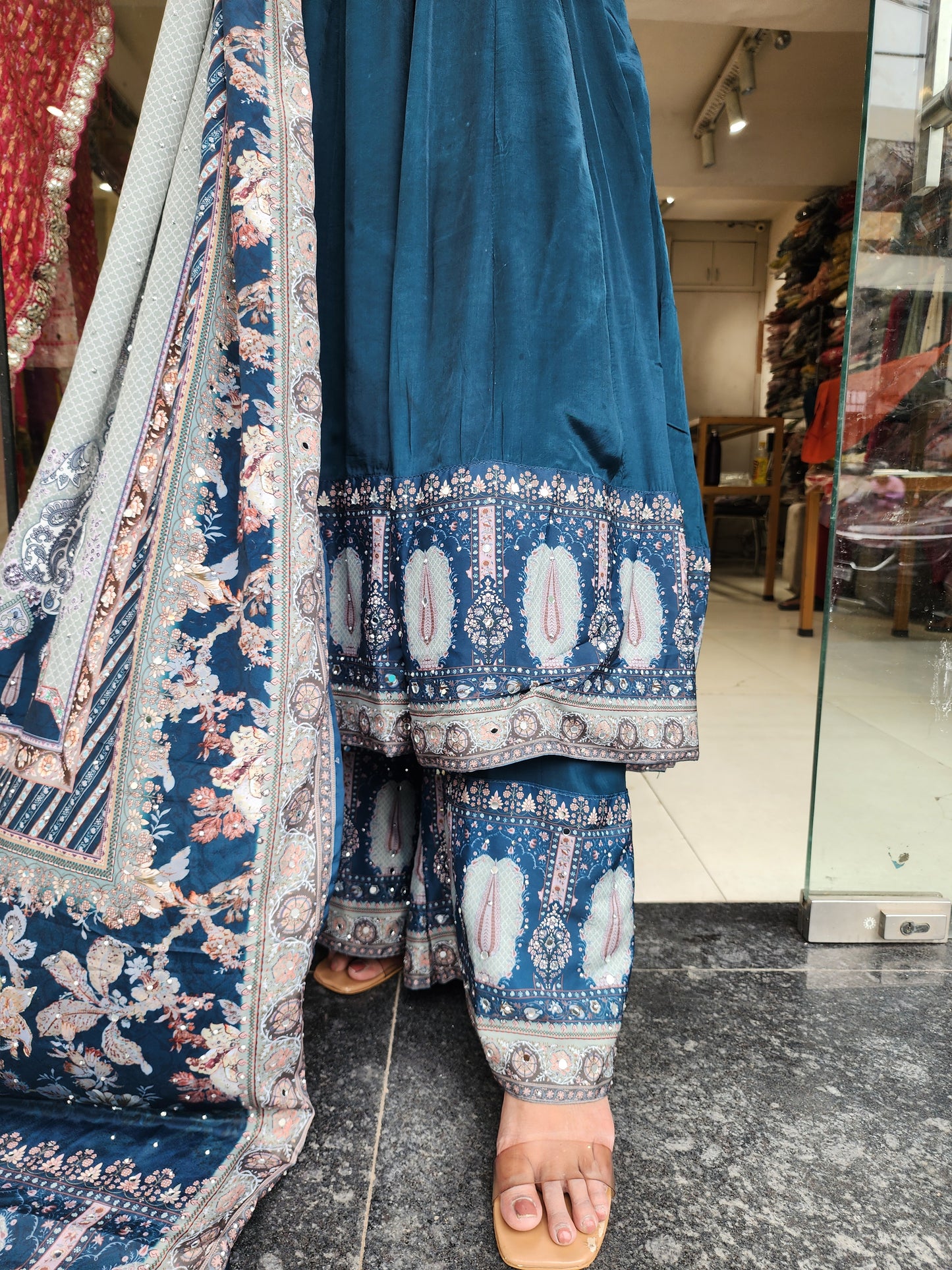 Teal blue digital print anarkali suit