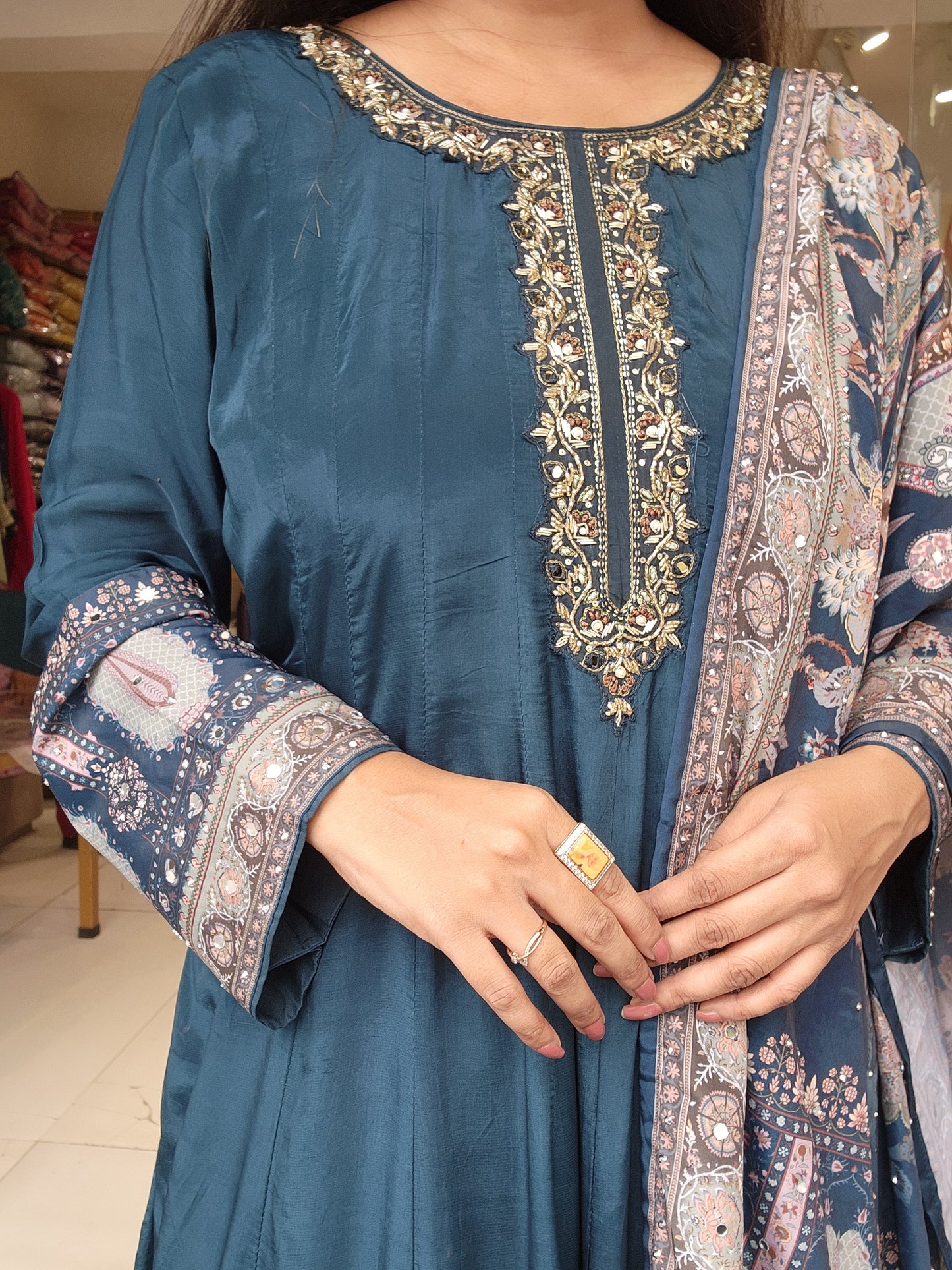 Teal blue digital print anarkali suit