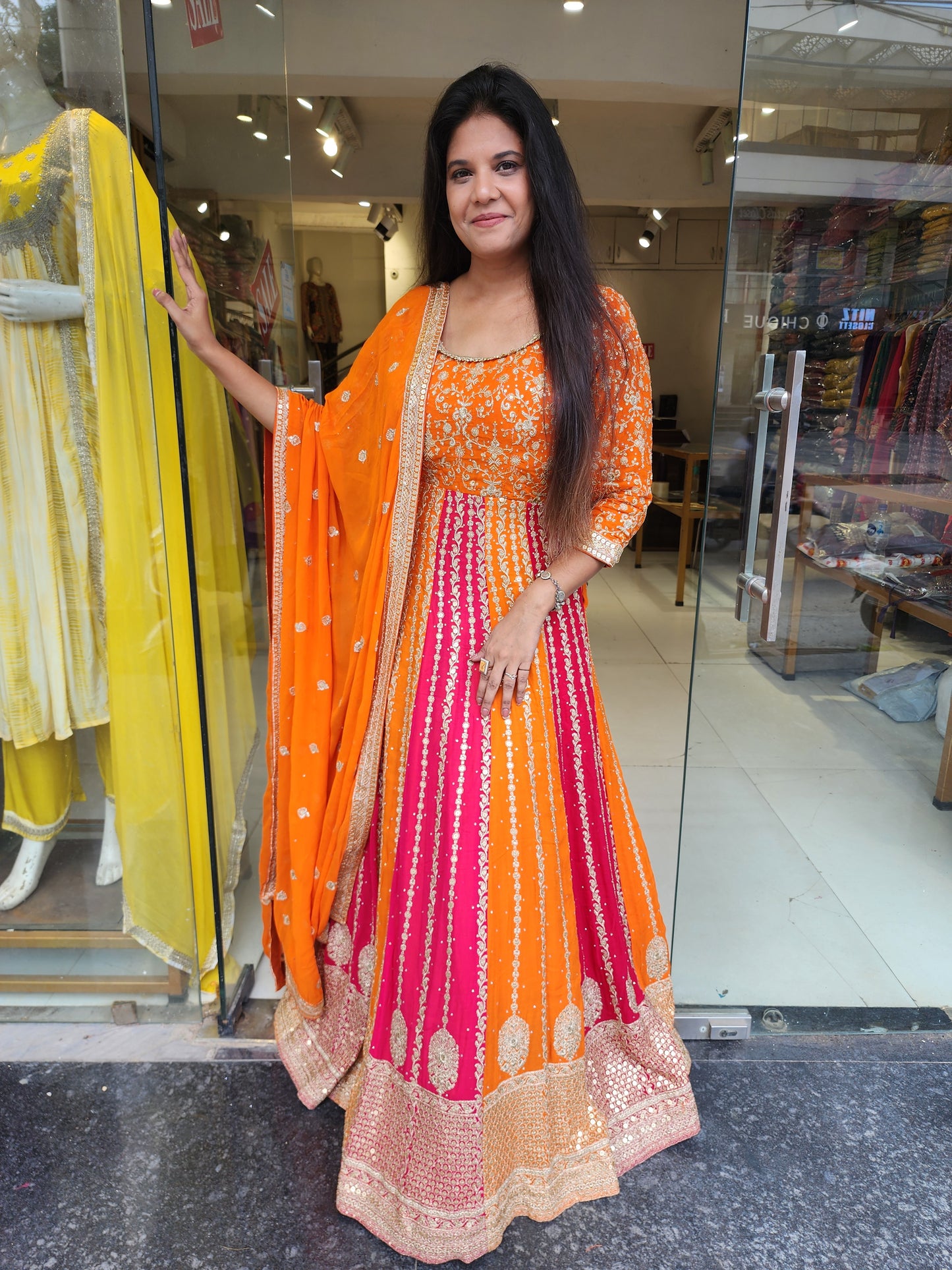 Sadabahar orange rani anarkali suit