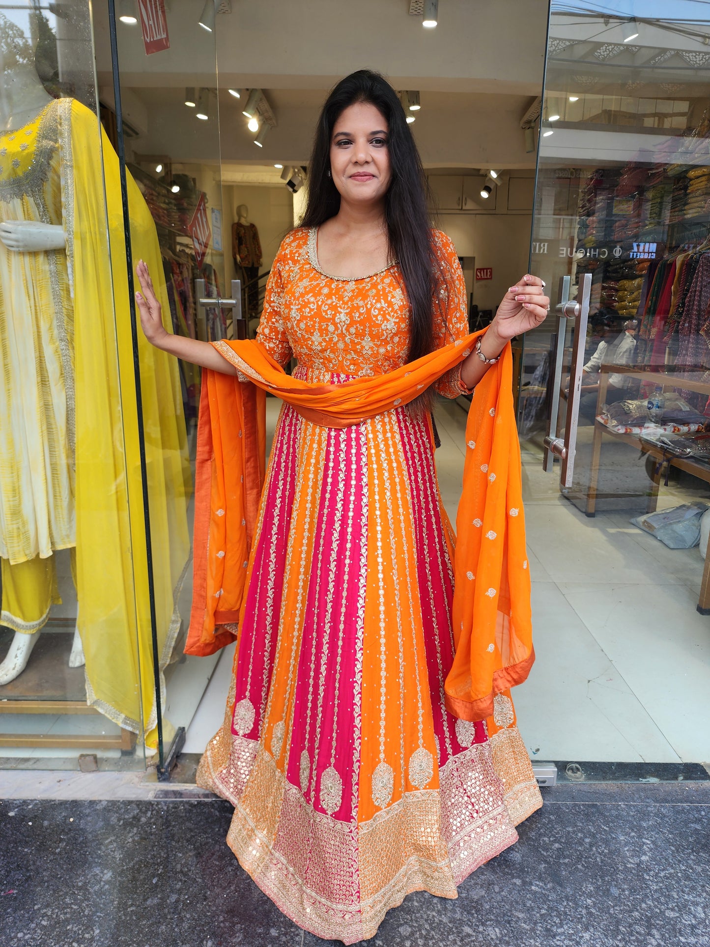 Sadabahar orange rani anarkali suit