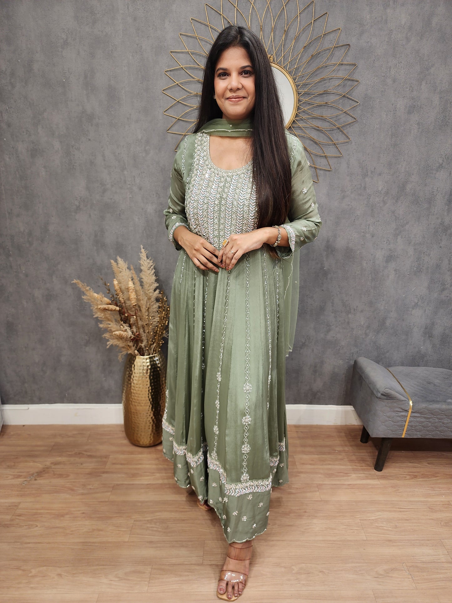 Meerab green long anarkali with pants