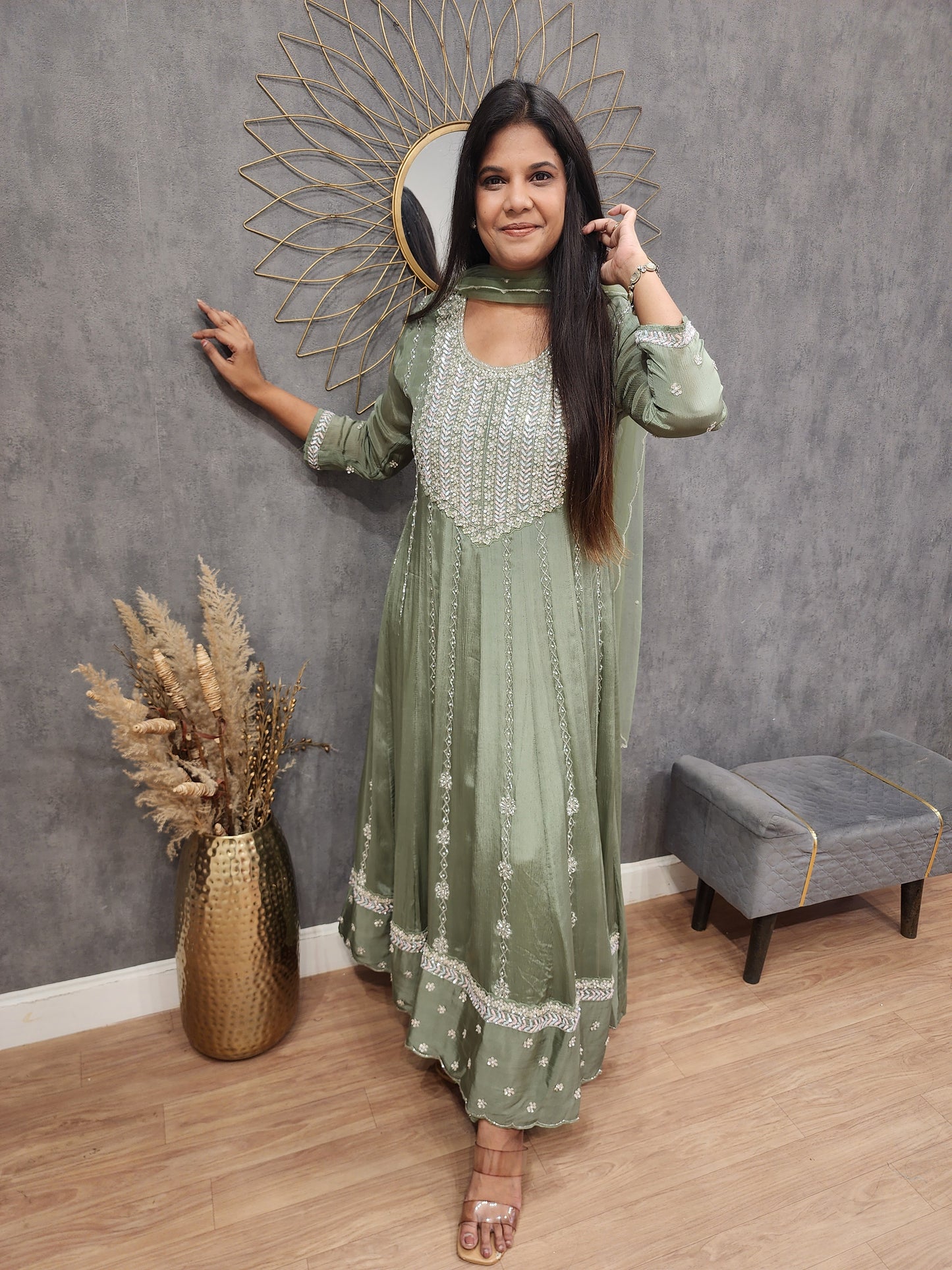 Meerab green long anarkali with pants