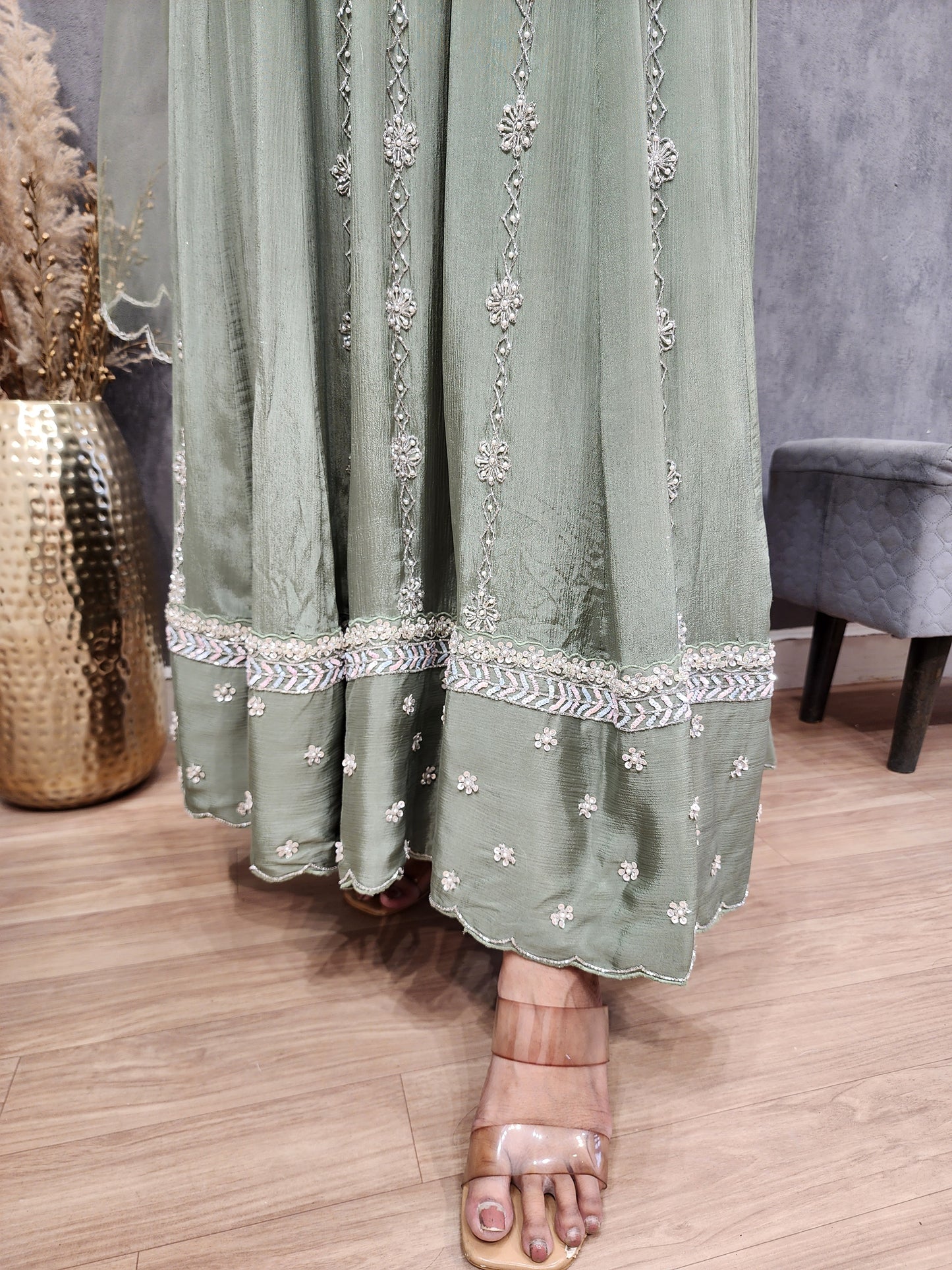 Meerab green long anarkali with pants
