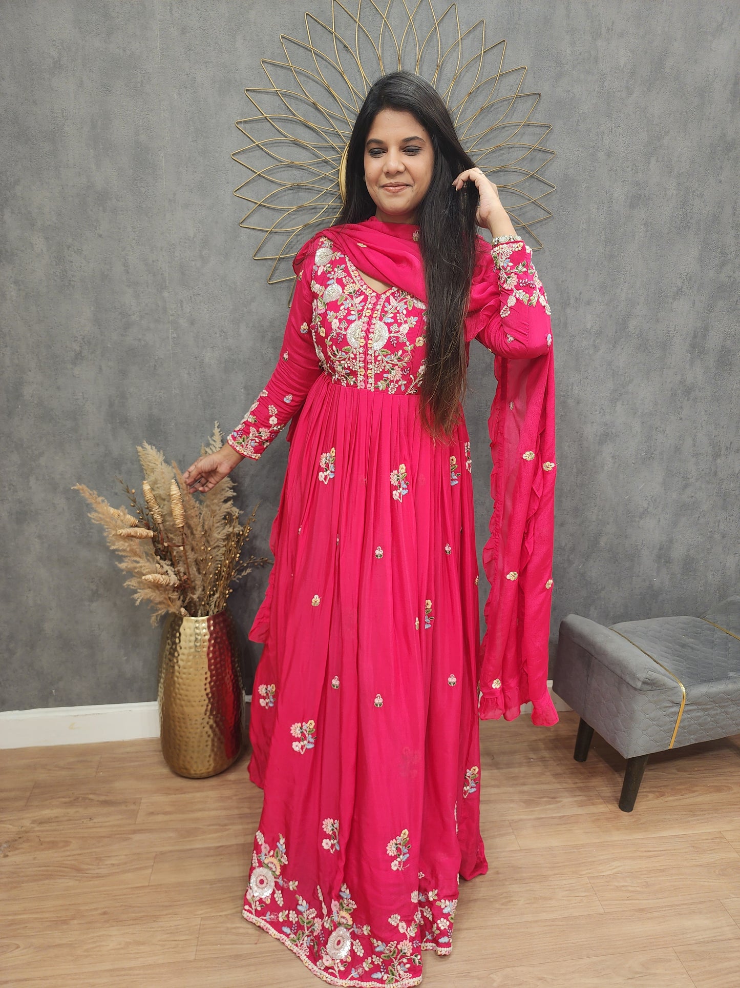 Tomato red Embroided maxi gown