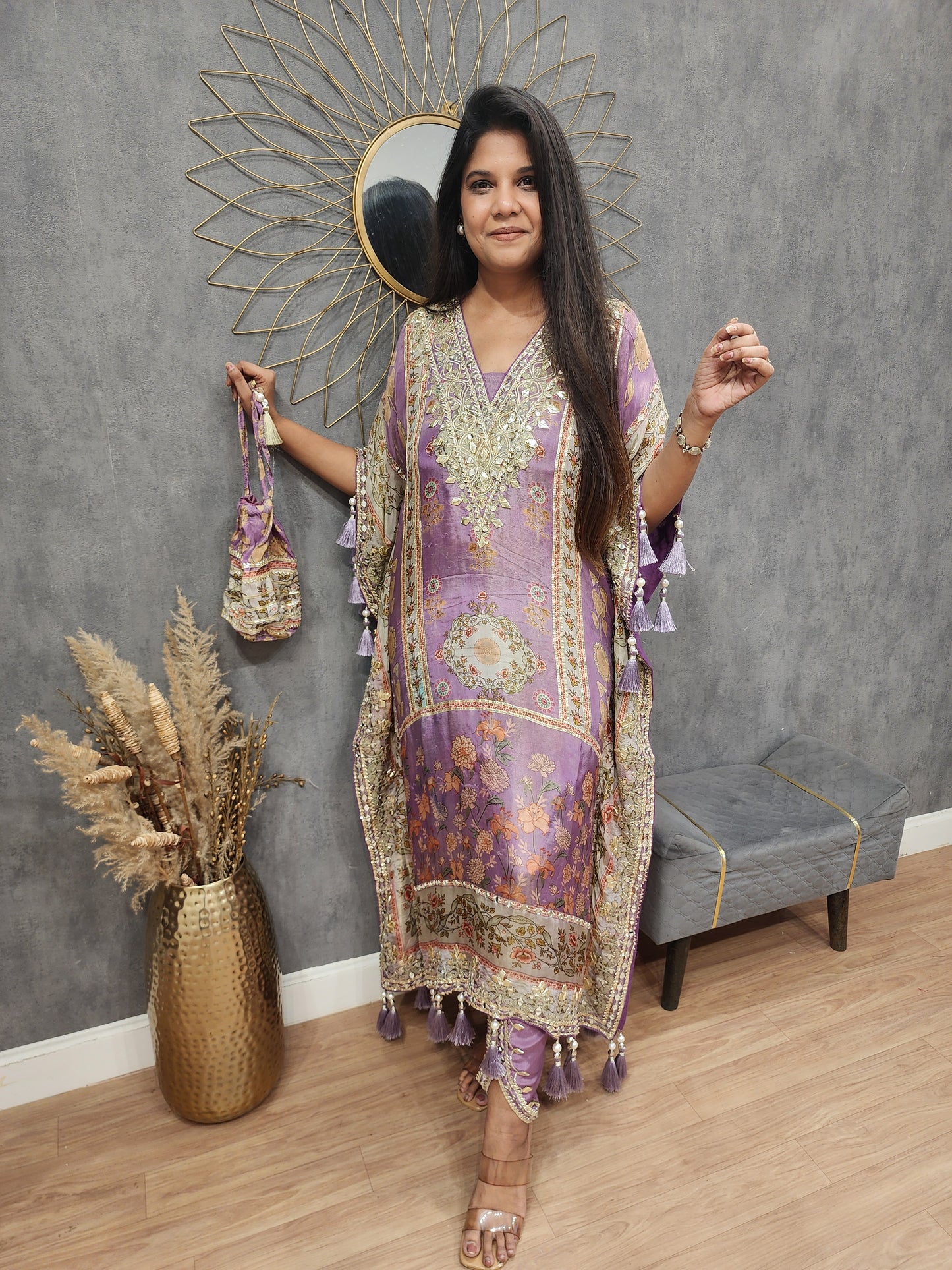 Sheeha purple kaftaan with tulip and potli