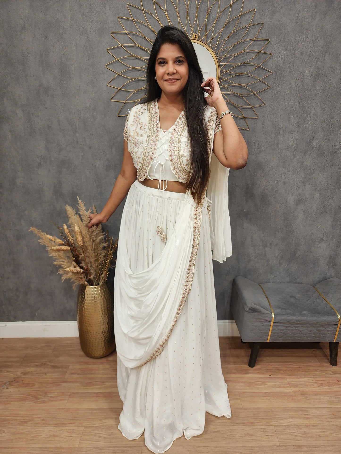 Sia off white short koti drape lehenga