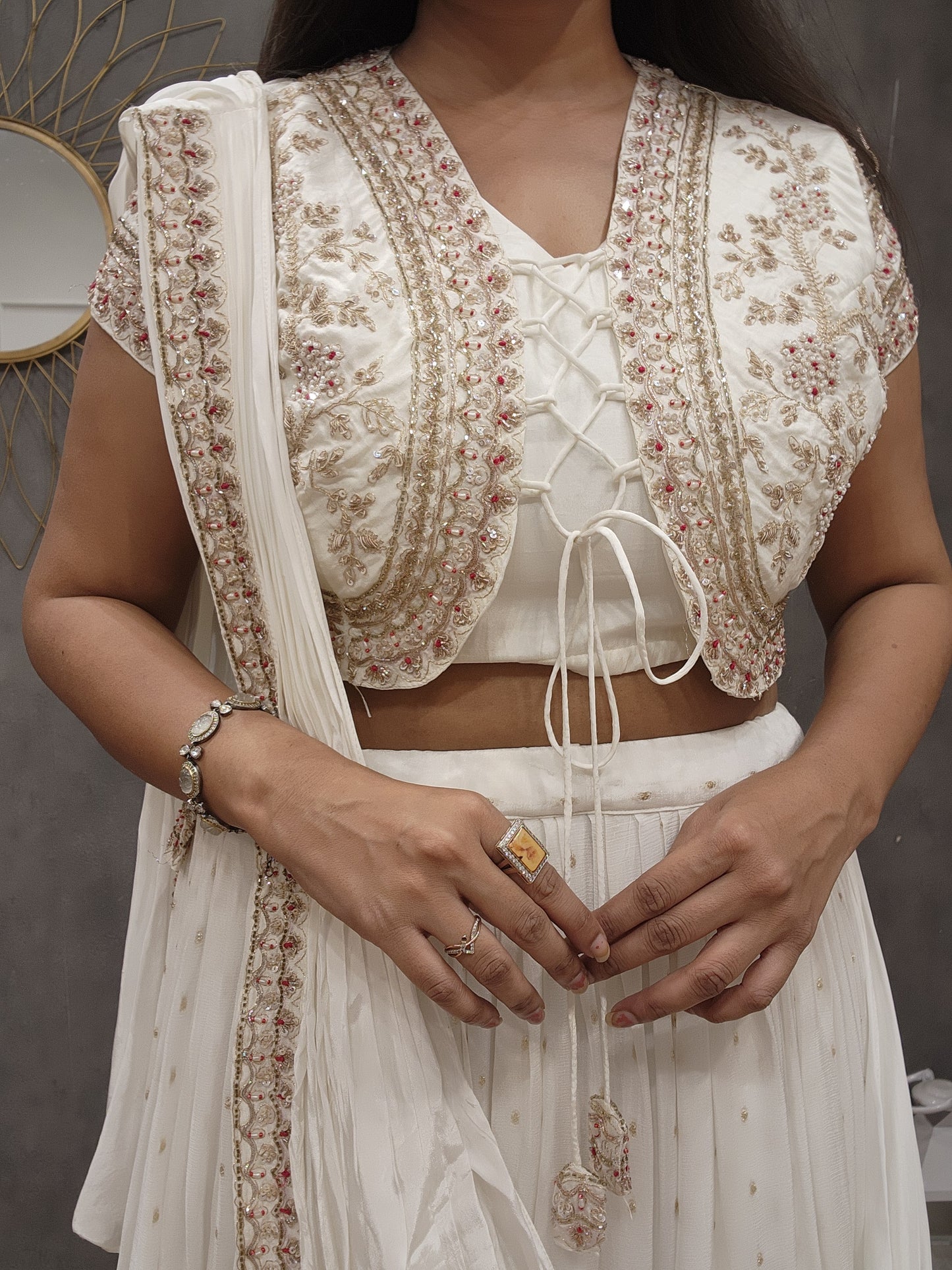 Sia off white short koti drape lehenga