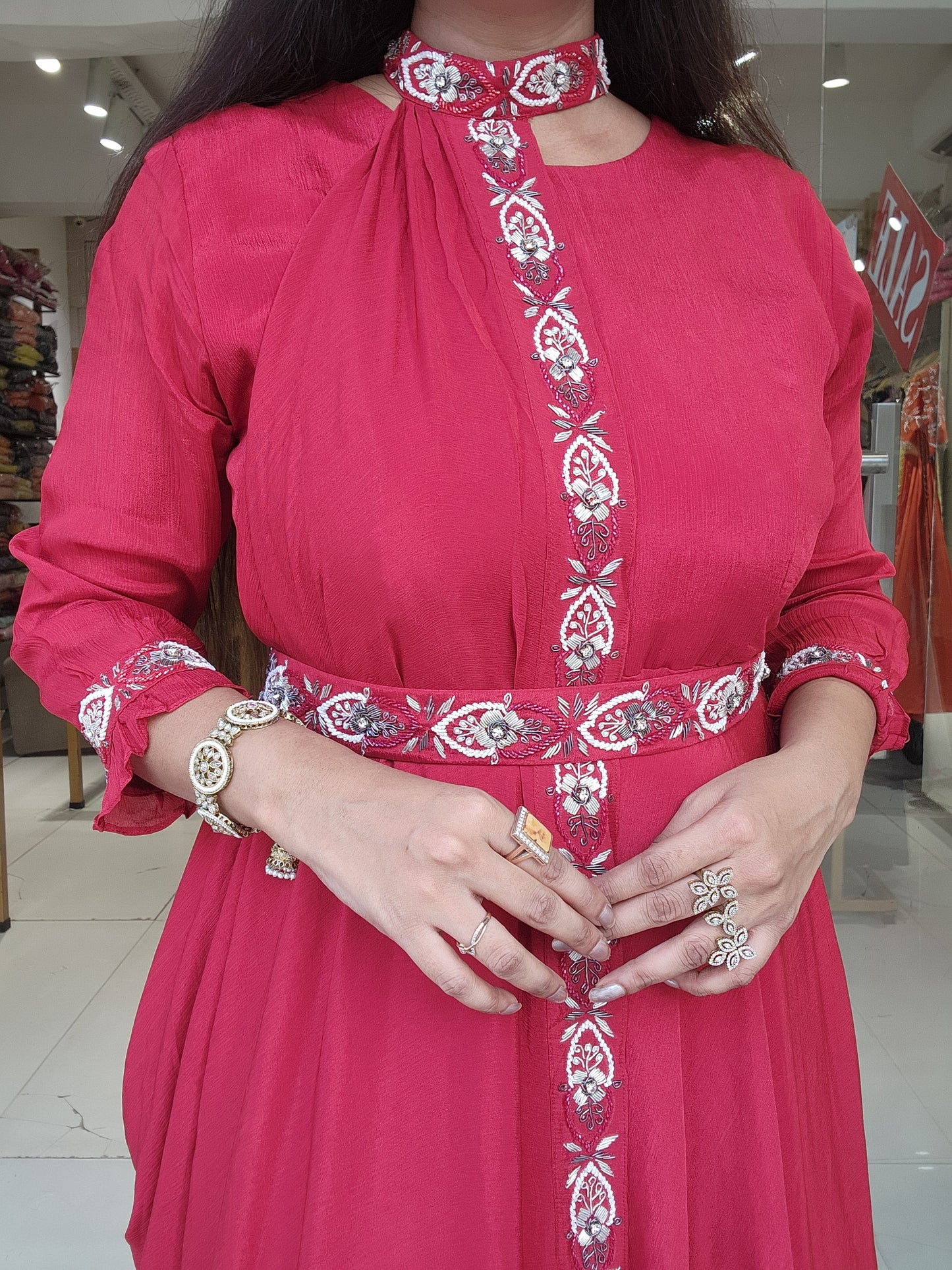 2 in 1 reddish maroon gown with drape and belt