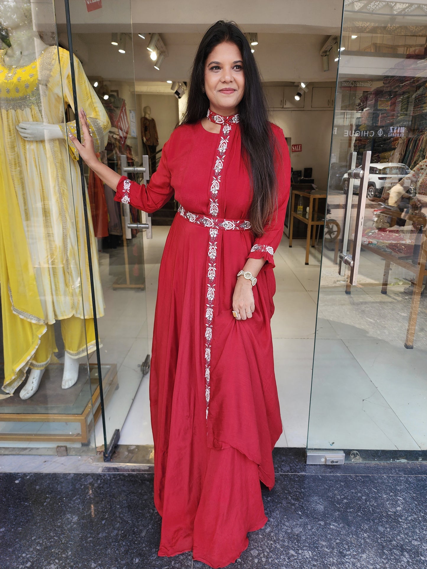 2 in 1 reddish maroon gown with drape and belt