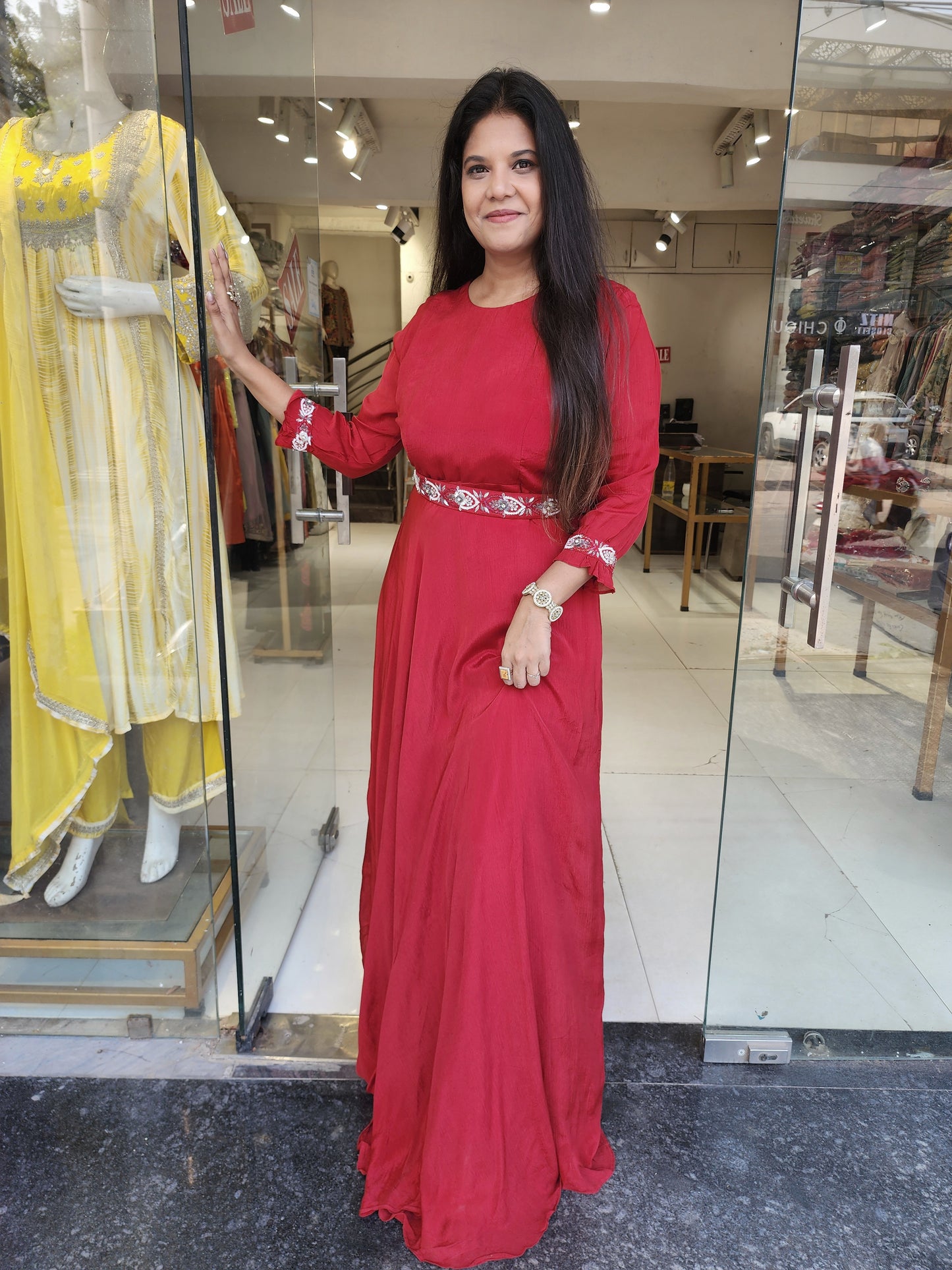 2 in 1 reddish maroon gown with drape and belt