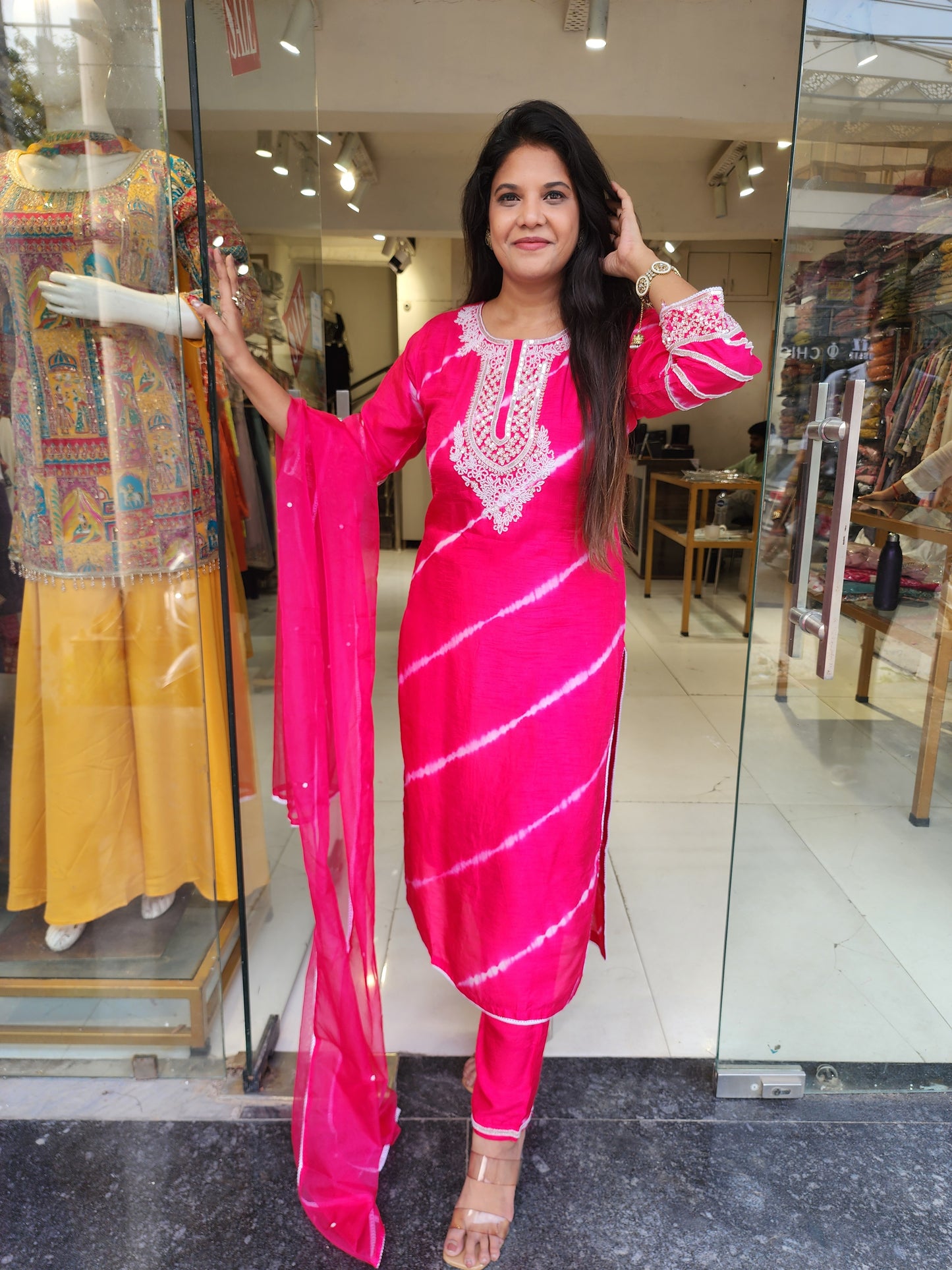 Leheriya print pink Dola silk straight cut suit