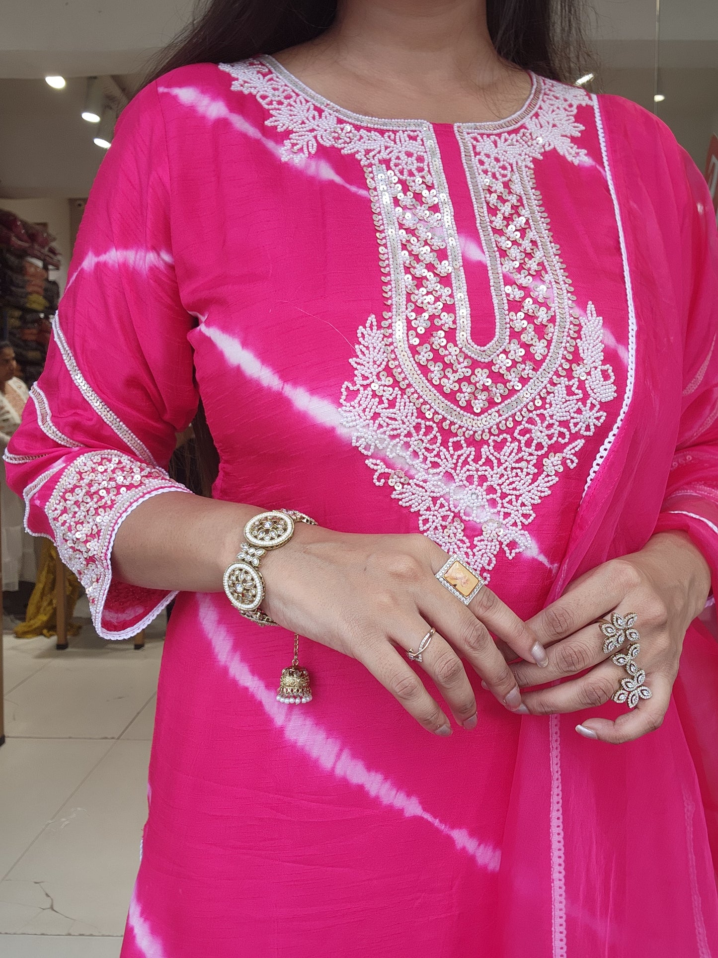 Leheriya print pink Dola silk straight cut suit