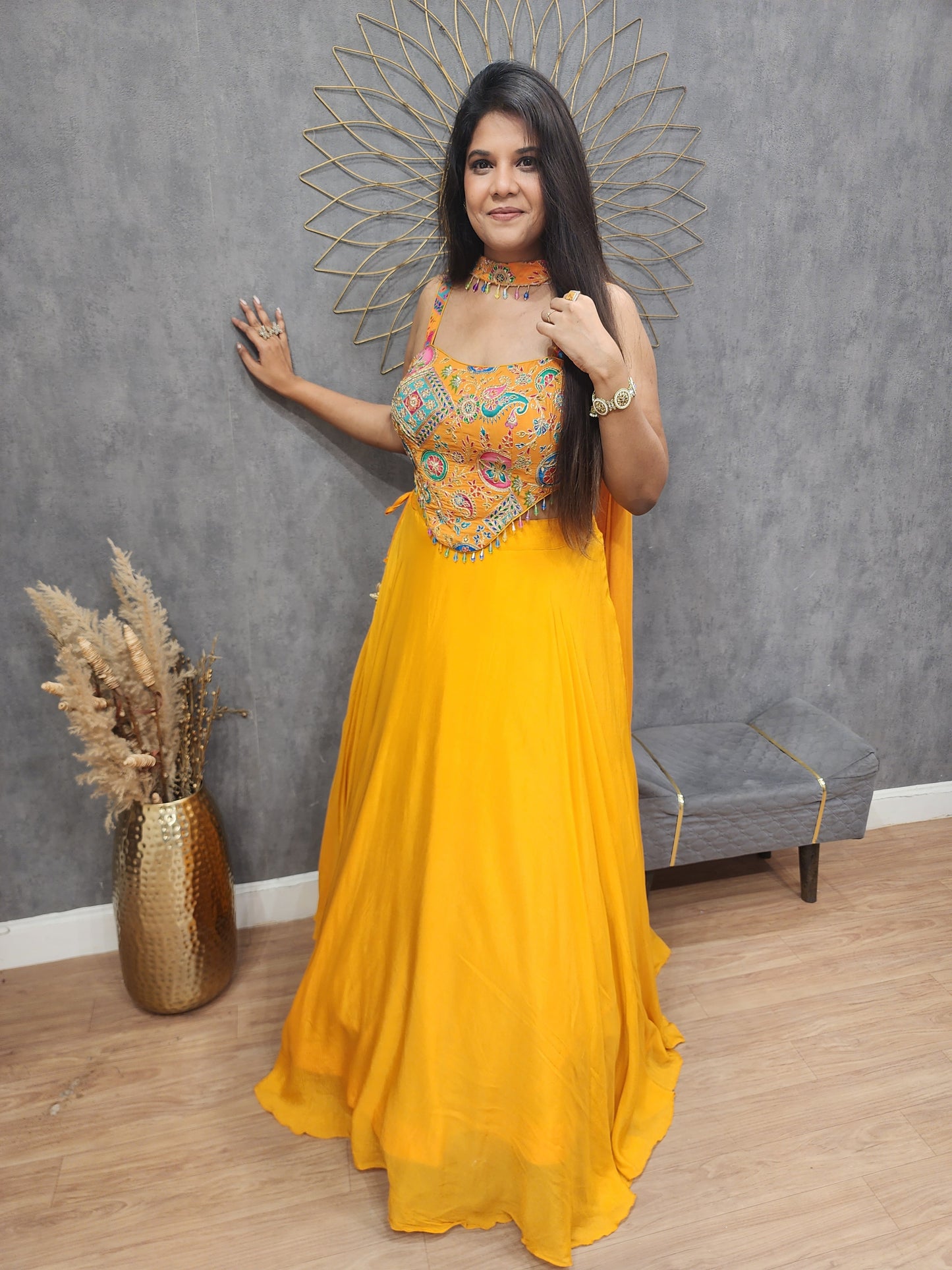 Rakul Mango yellow step indowestern dress