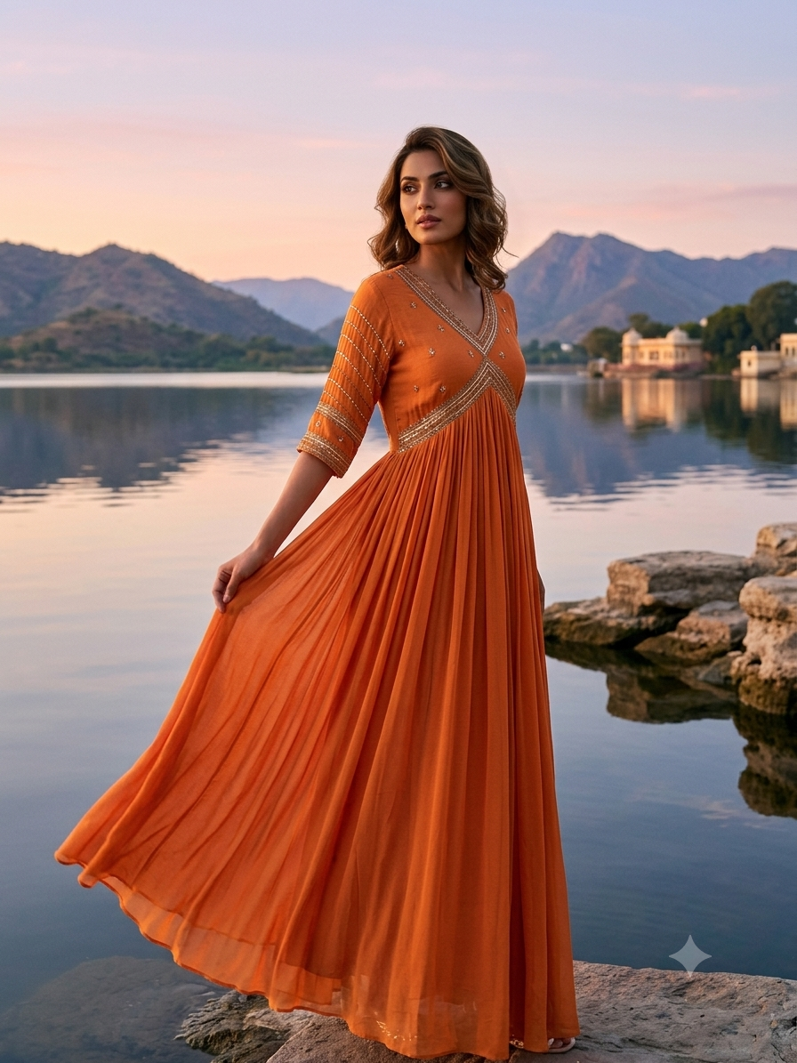 Rust orange flary maxi gown
