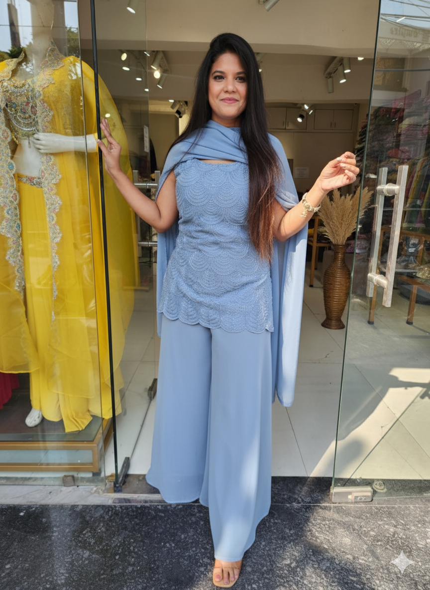 Shanaya powder blue sharara suit ( seperate sleeves available)