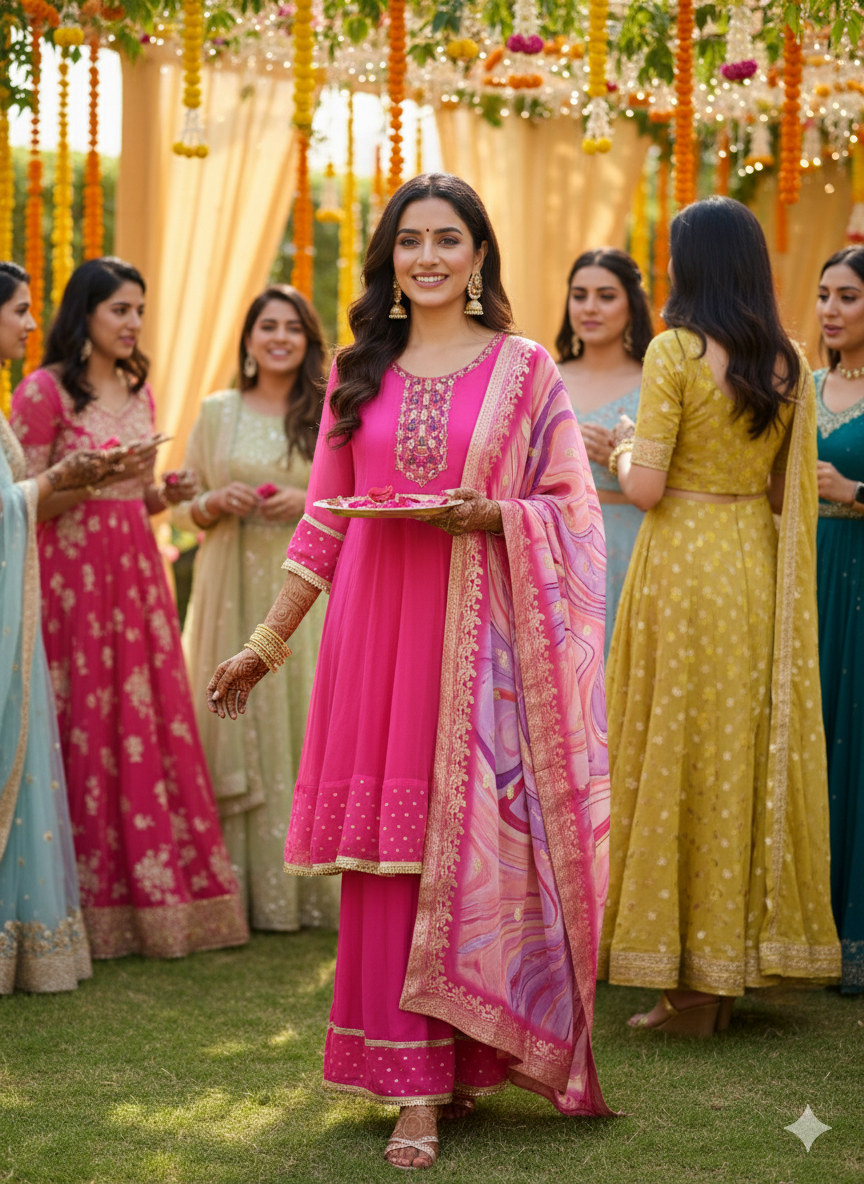 Hotpink short anarkali with plazo