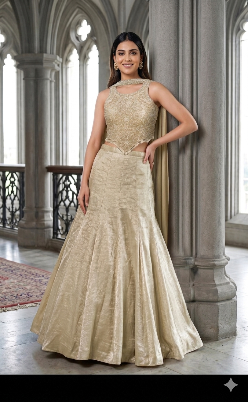 Champagne fishcut lehenga set