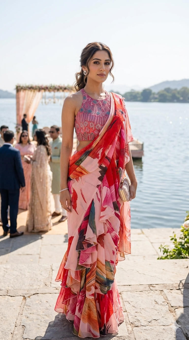 Printed ruffles halter neck drape saree