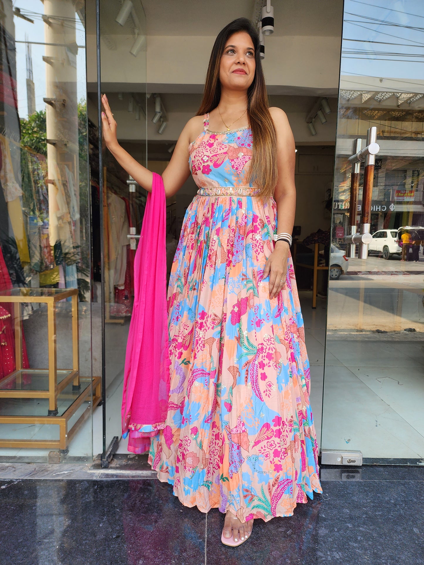 FLORAL PRINT PINK MAXI DRESS