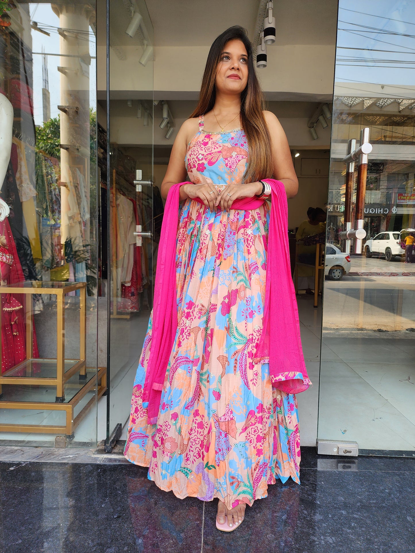 FLORAL PRINT PINK MAXI DRESS