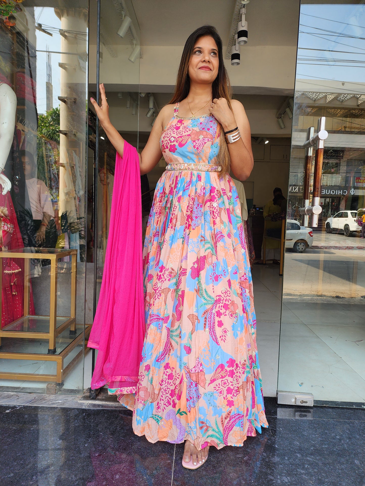 FLORAL PRINT PINK MAXI DRESS