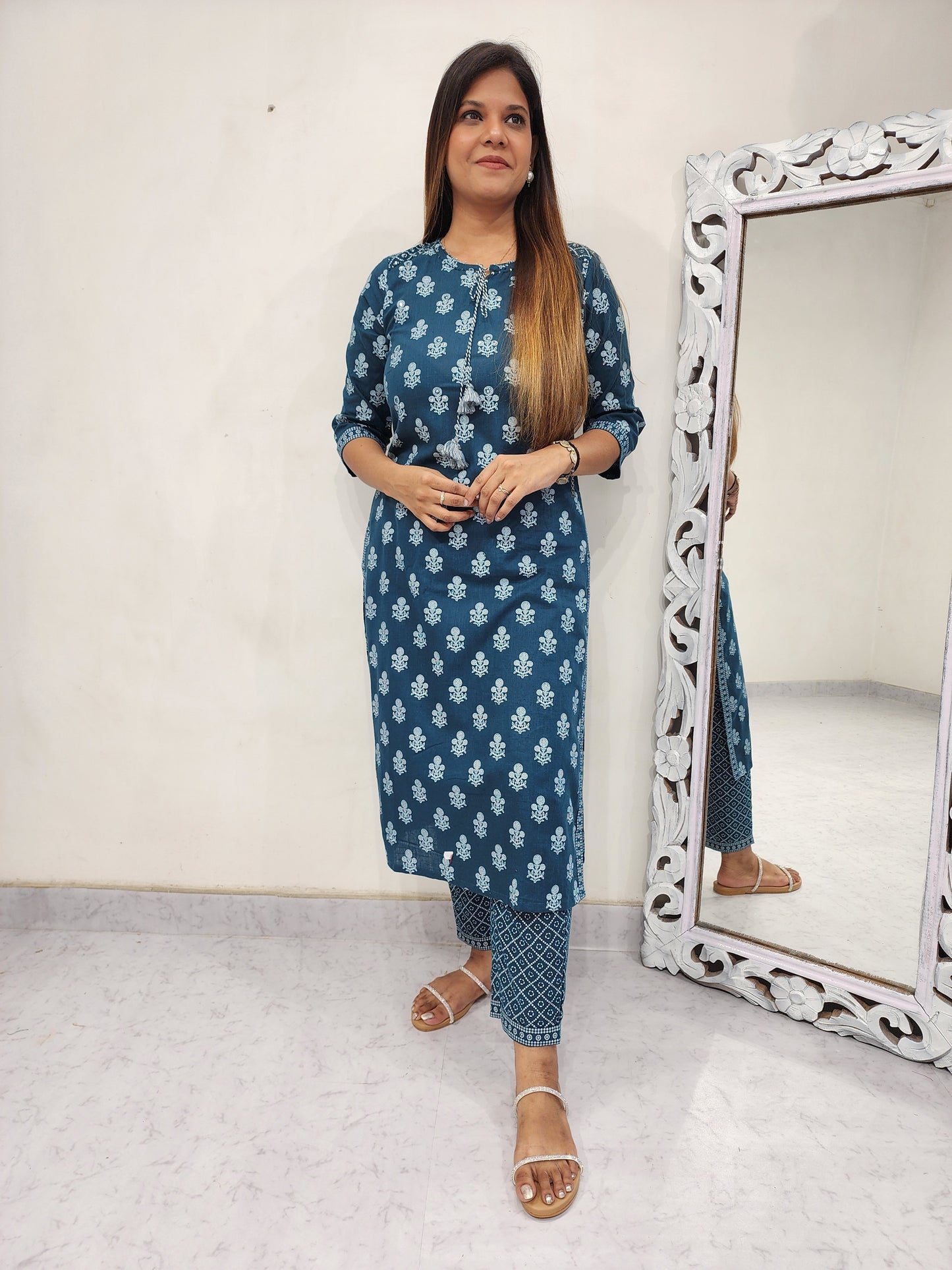 Inara teal blue cotton printed suit