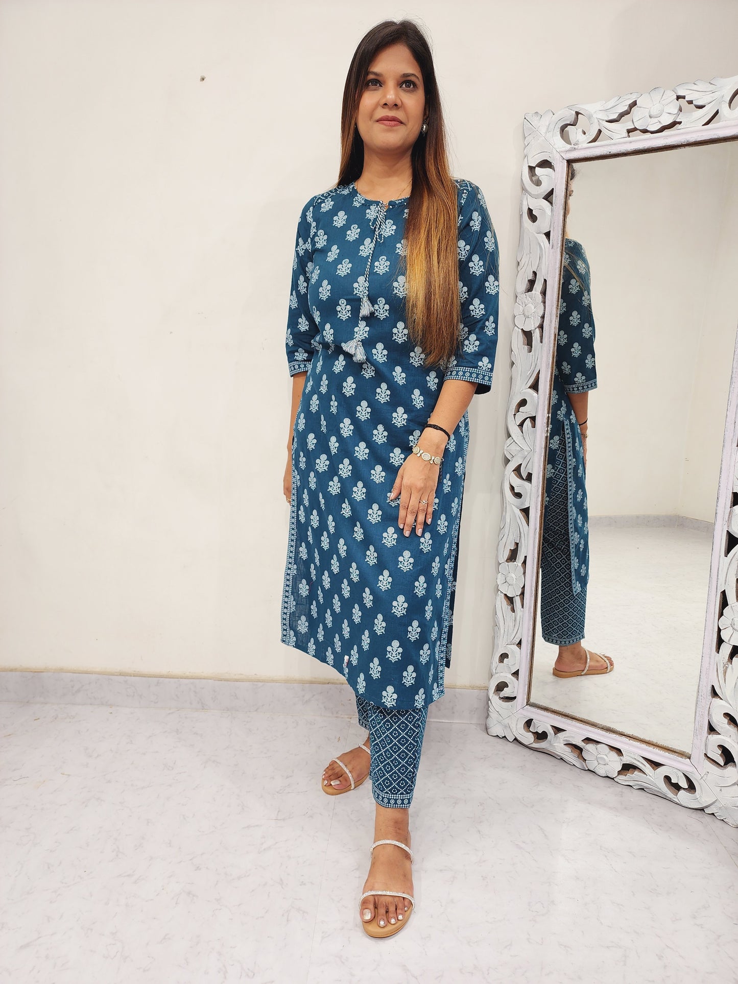 Inara teal blue cotton printed suit