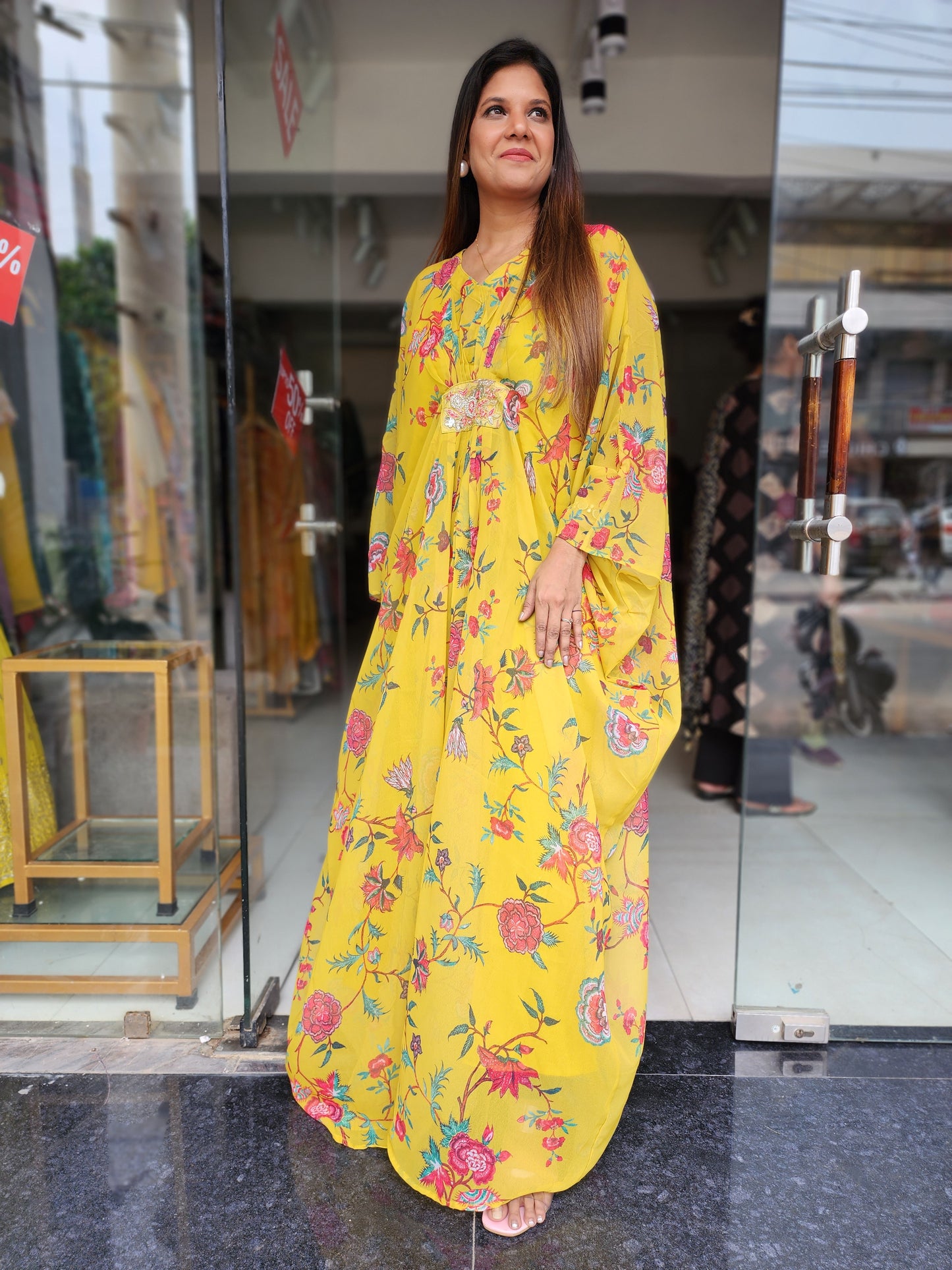 MUSTARD YELLOW FLORAL KAAFTAN MAXI DRESS