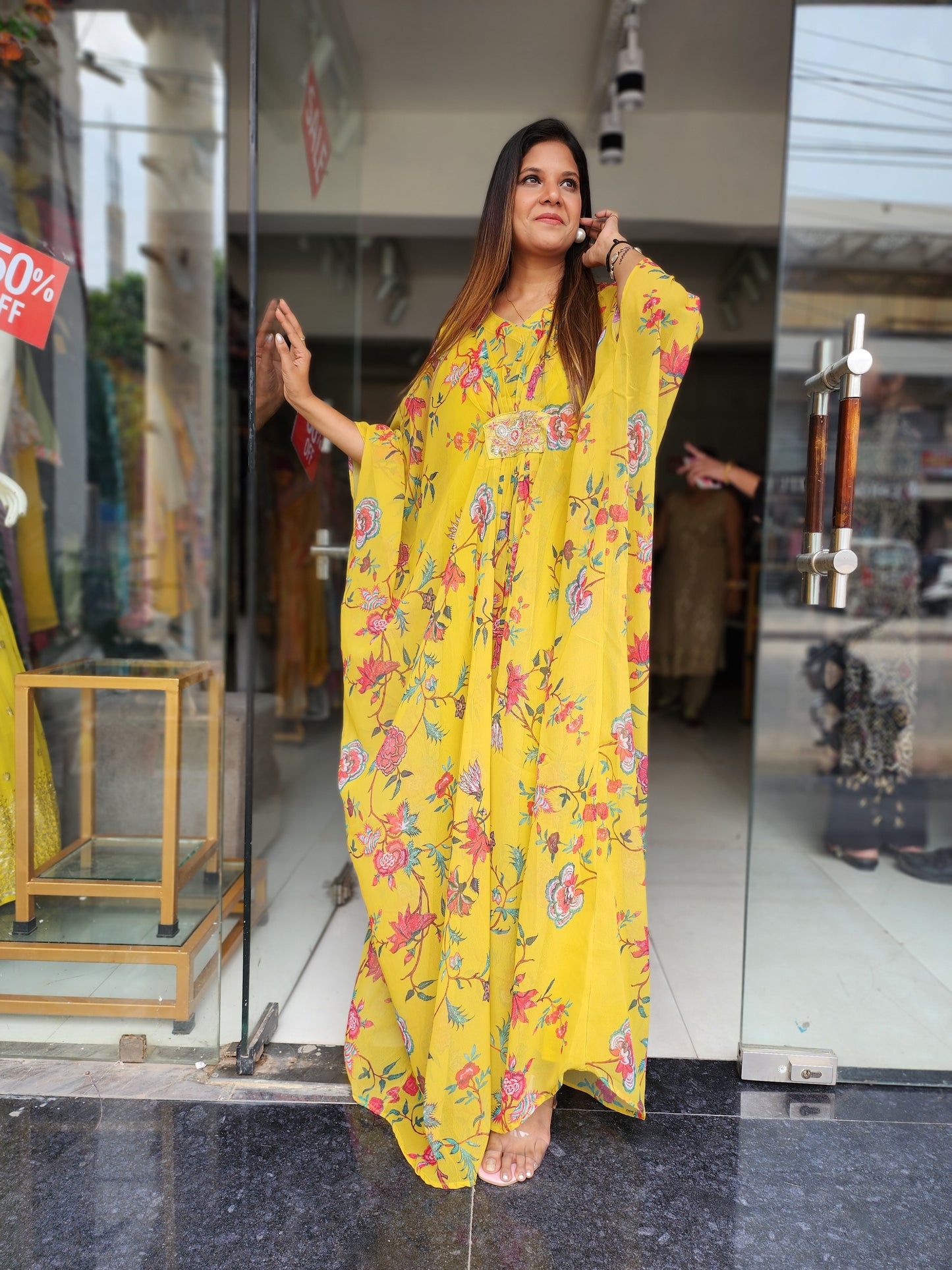 MUSTARD YELLOW FLORAL KAAFTAN MAXI DRESS