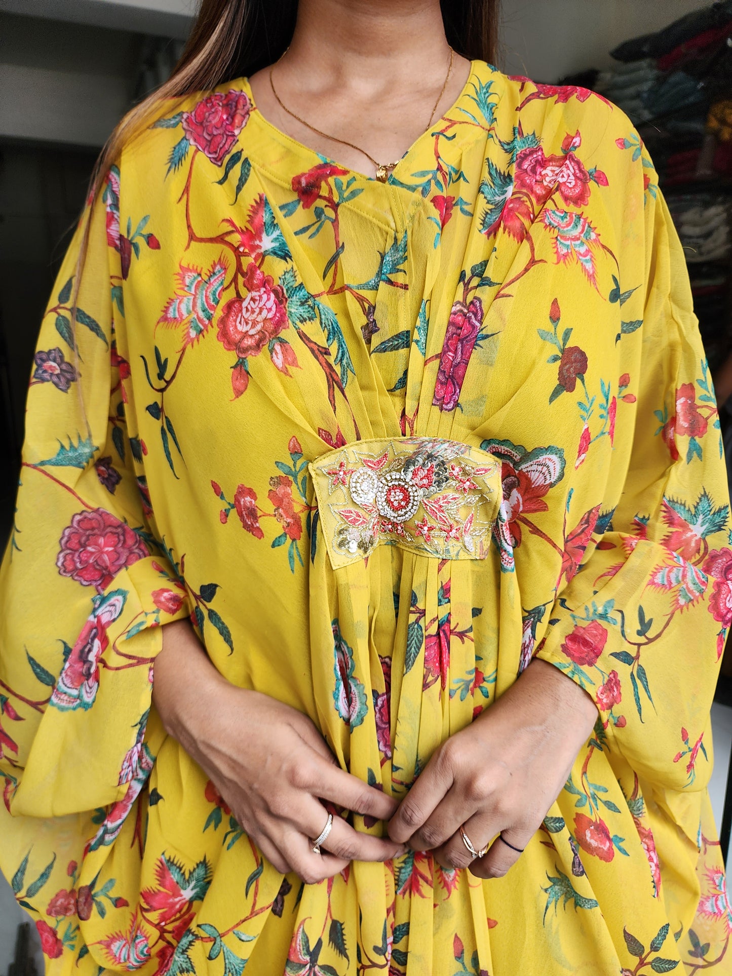 MUSTARD YELLOW FLORAL KAAFTAN MAXI DRESS