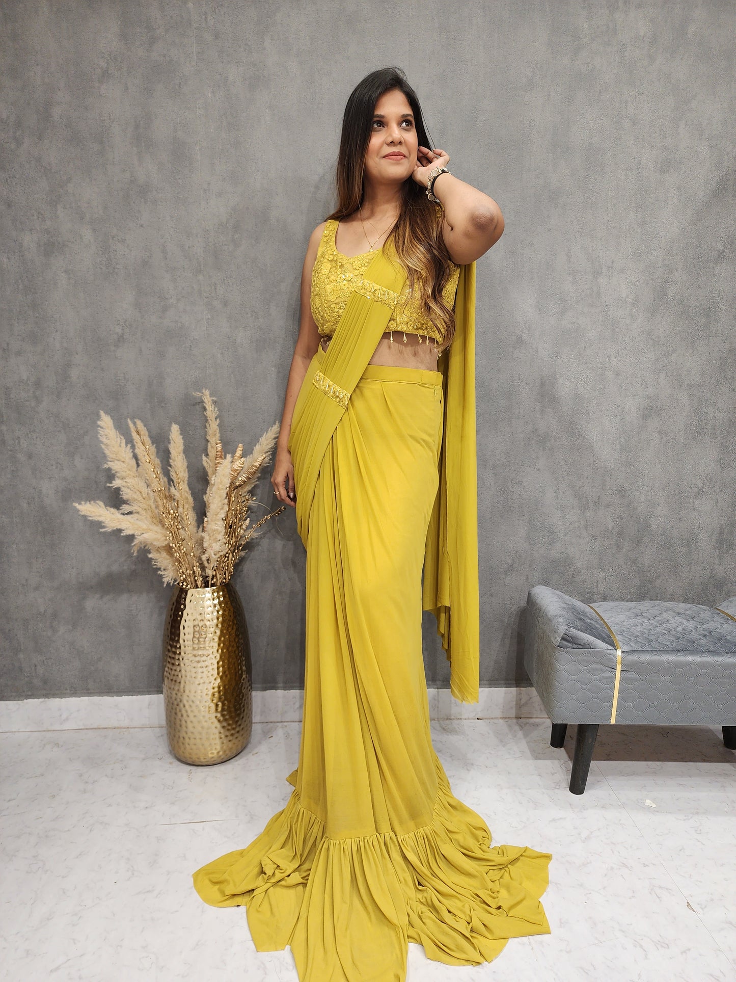 MERMAID MUSTRAD YELLOW DRAPE JACKET SAREE