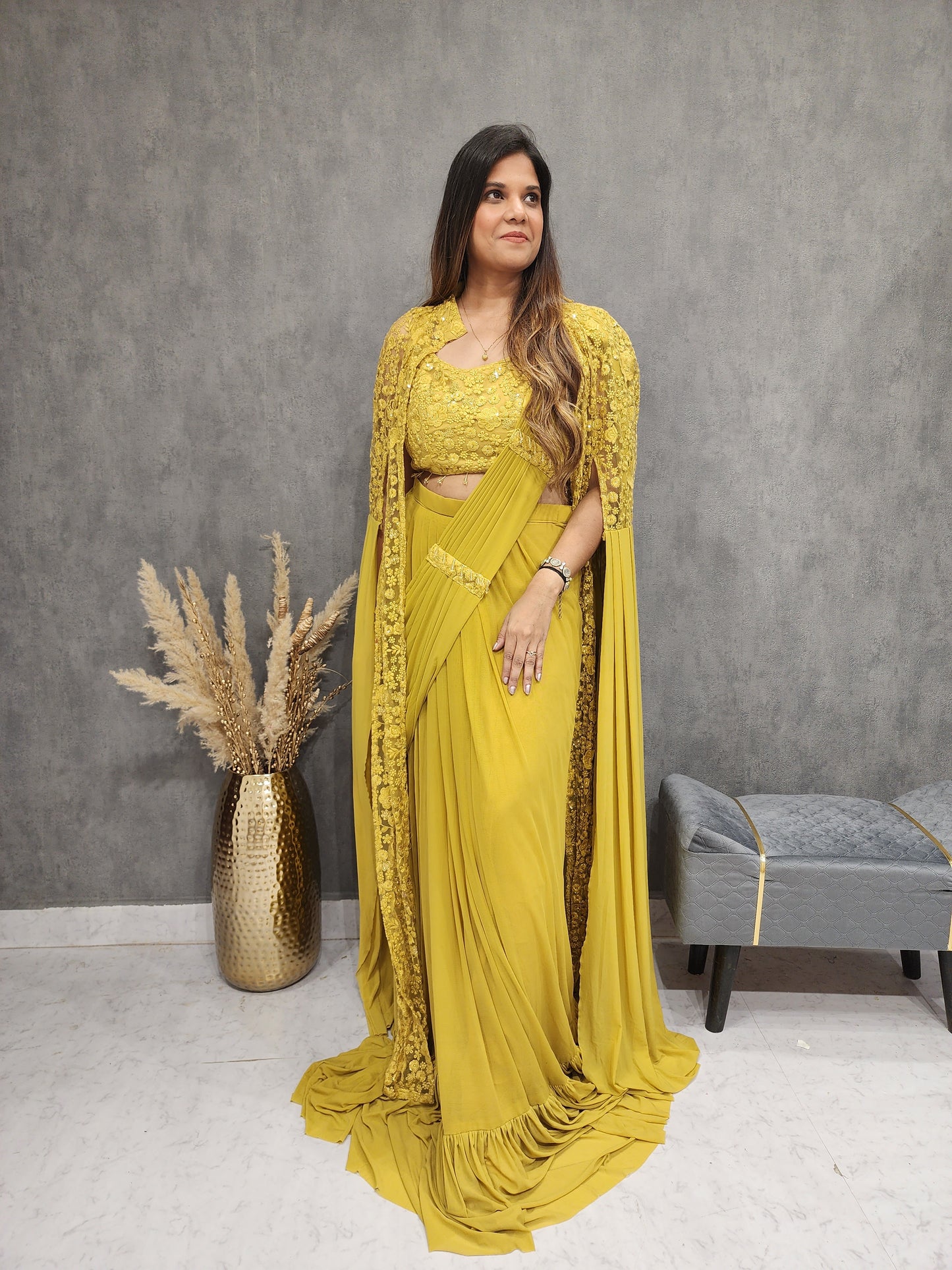 MERMAID MUSTRAD YELLOW DRAPE JACKET SAREE