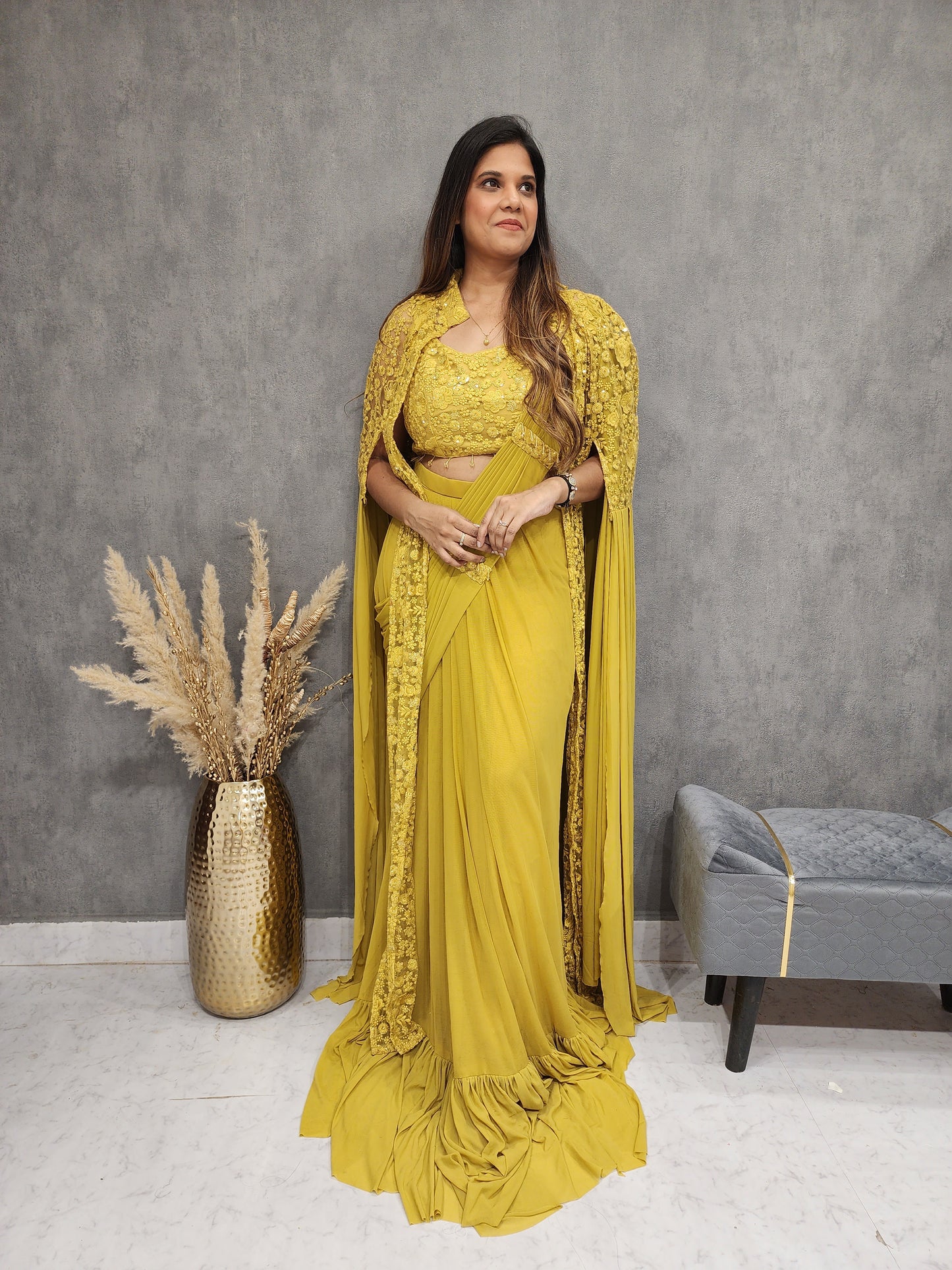 MERMAID MUSTRAD YELLOW DRAPE JACKET SAREE