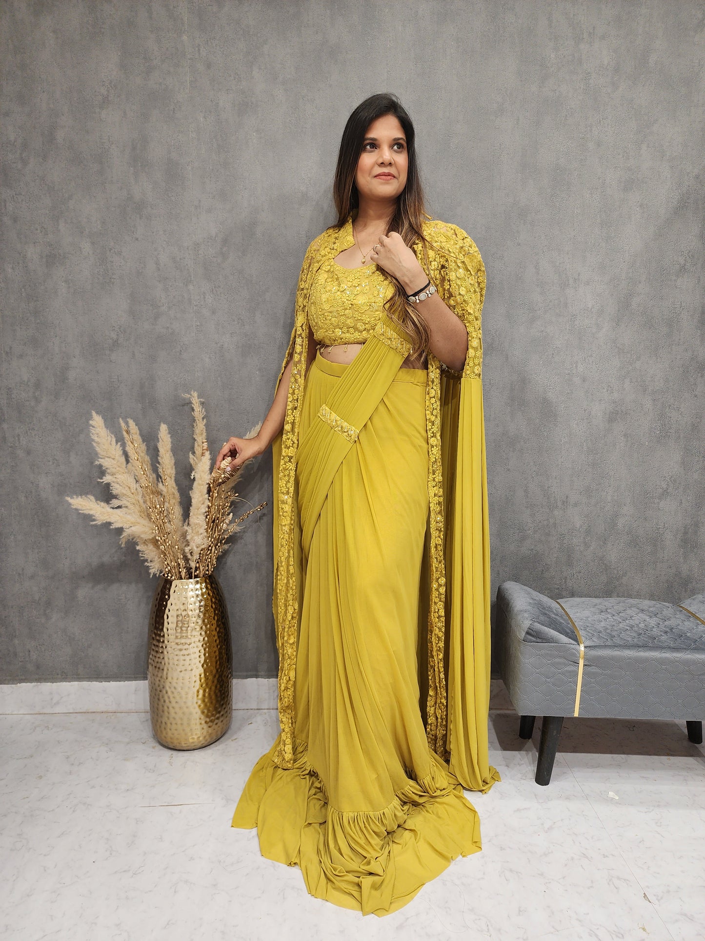 MERMAID MUSTRAD YELLOW DRAPE JACKET SAREE