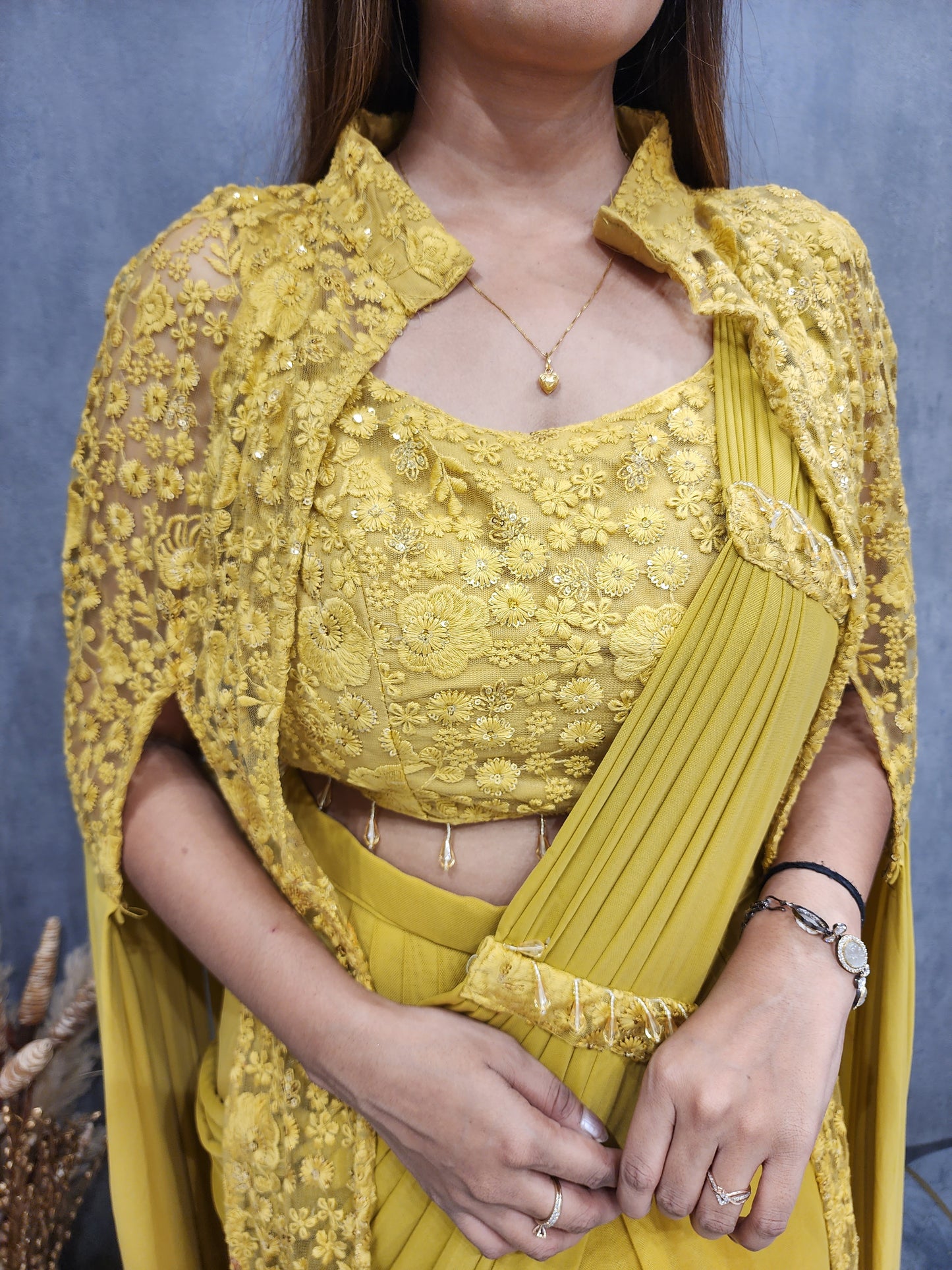 MERMAID MUSTRAD YELLOW DRAPE JACKET SAREE