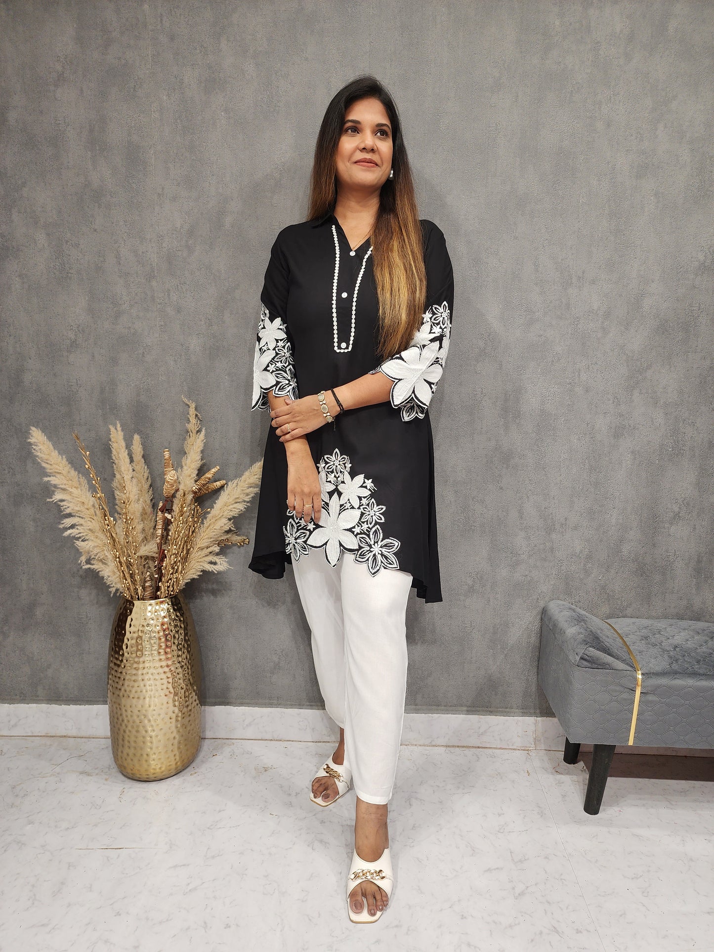 BLACK AND WHITE EMBROIDED HIGH LOW CO-ORD SET
