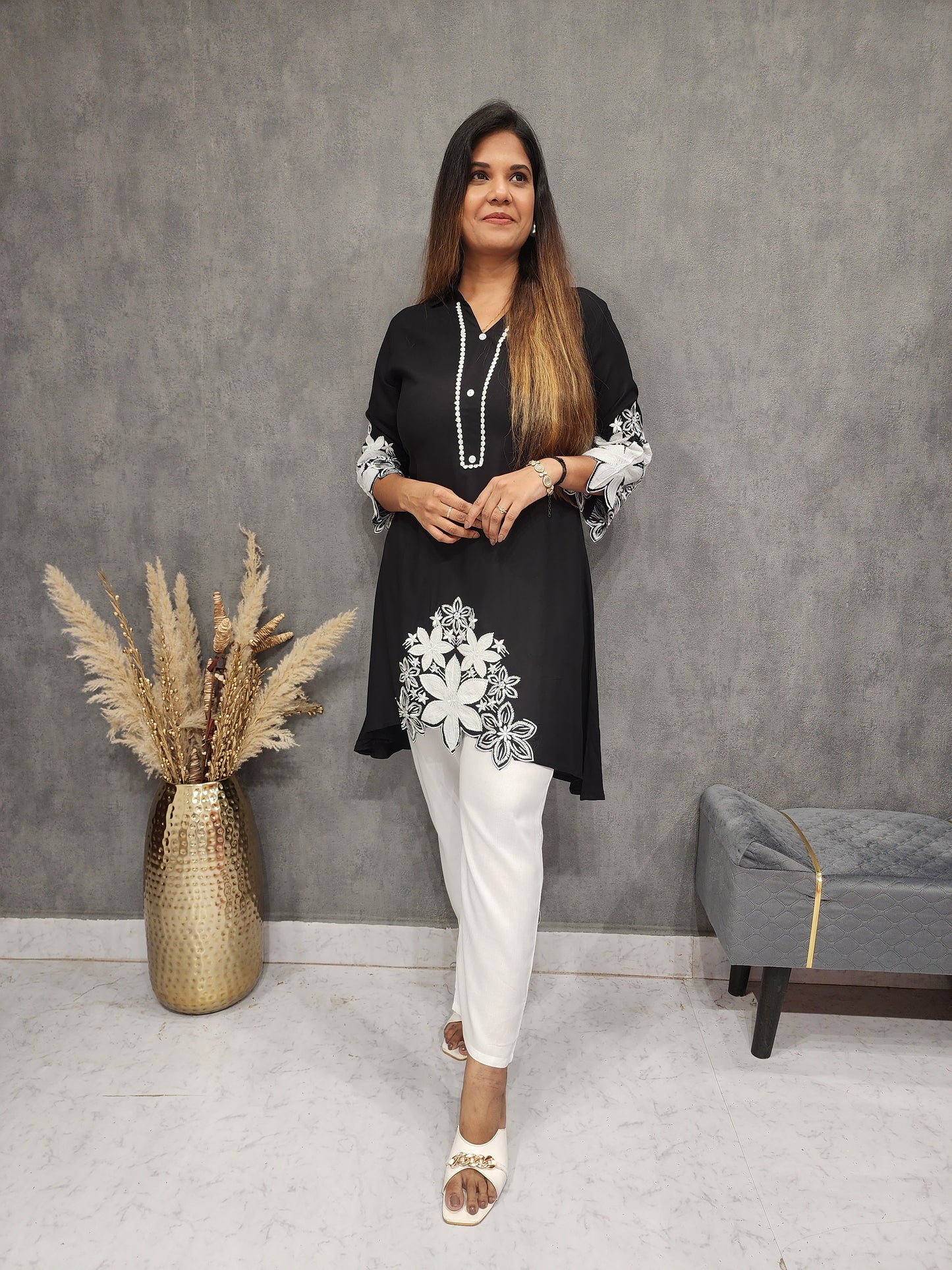 BLACK AND WHITE EMBROIDED HIGH LOW CO-ORD SET