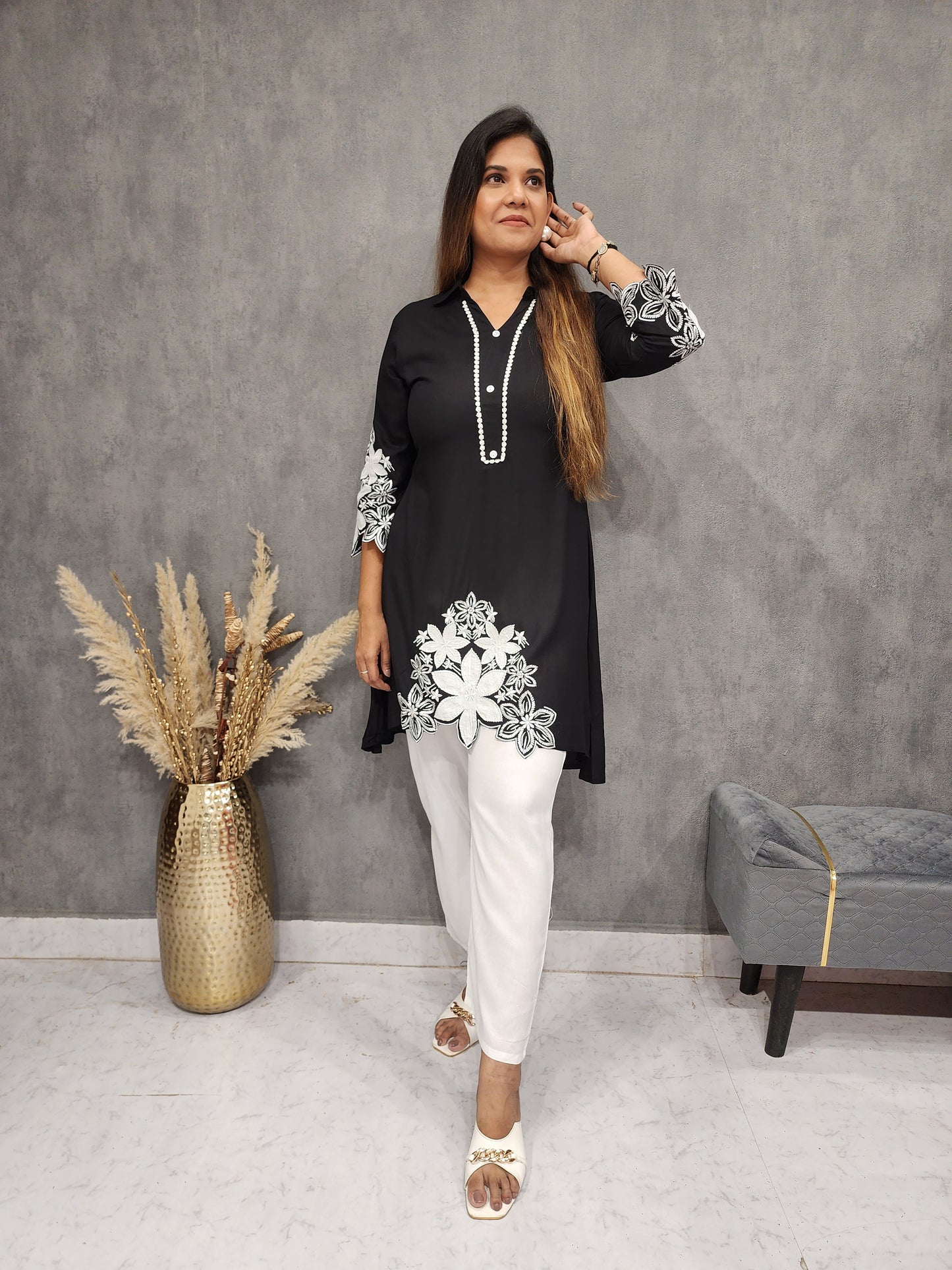 BLACK AND WHITE EMBROIDED HIGH LOW CO-ORD SET