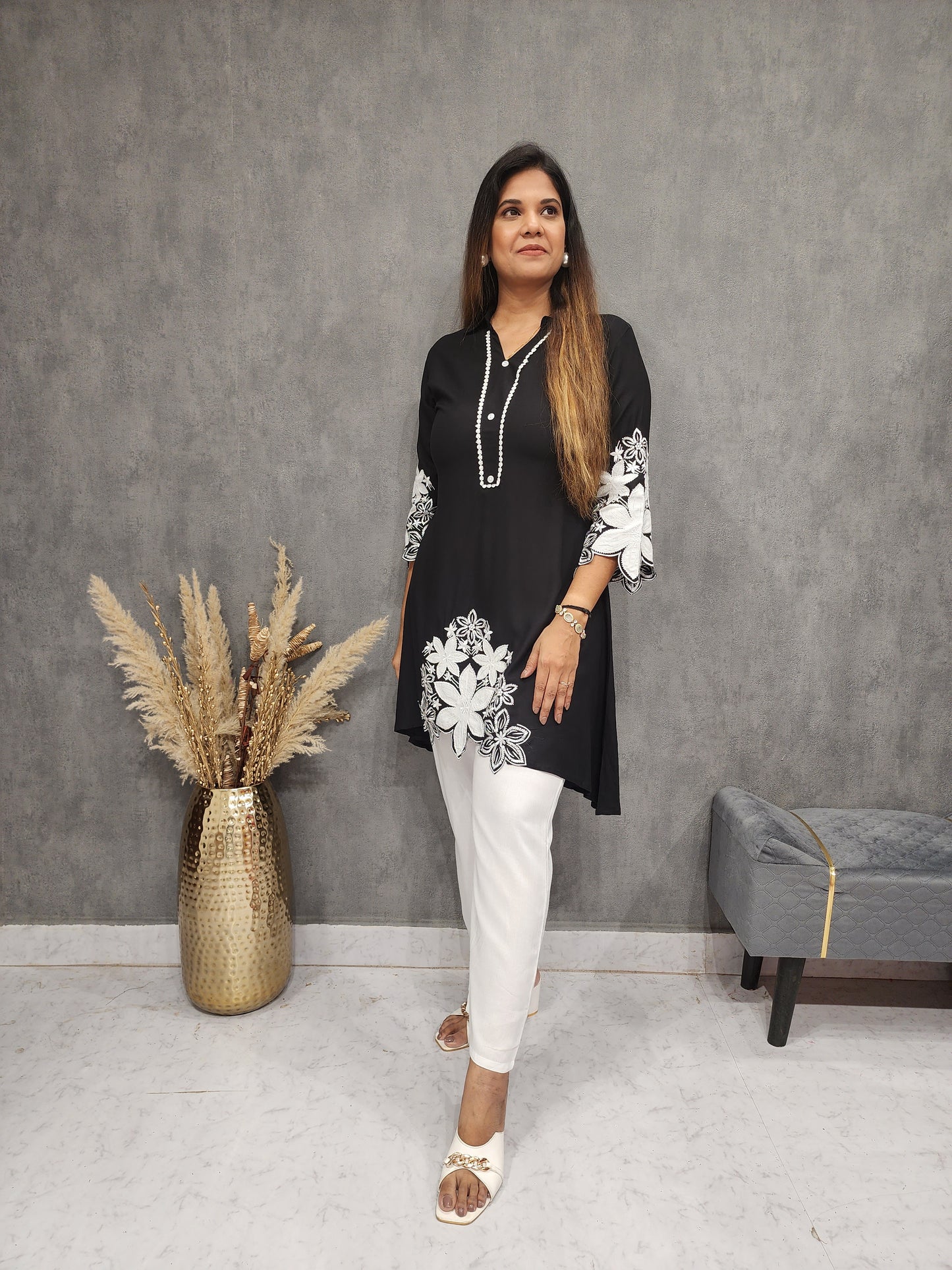 BLACK AND WHITE EMBROIDED HIGH LOW CO-ORD SET