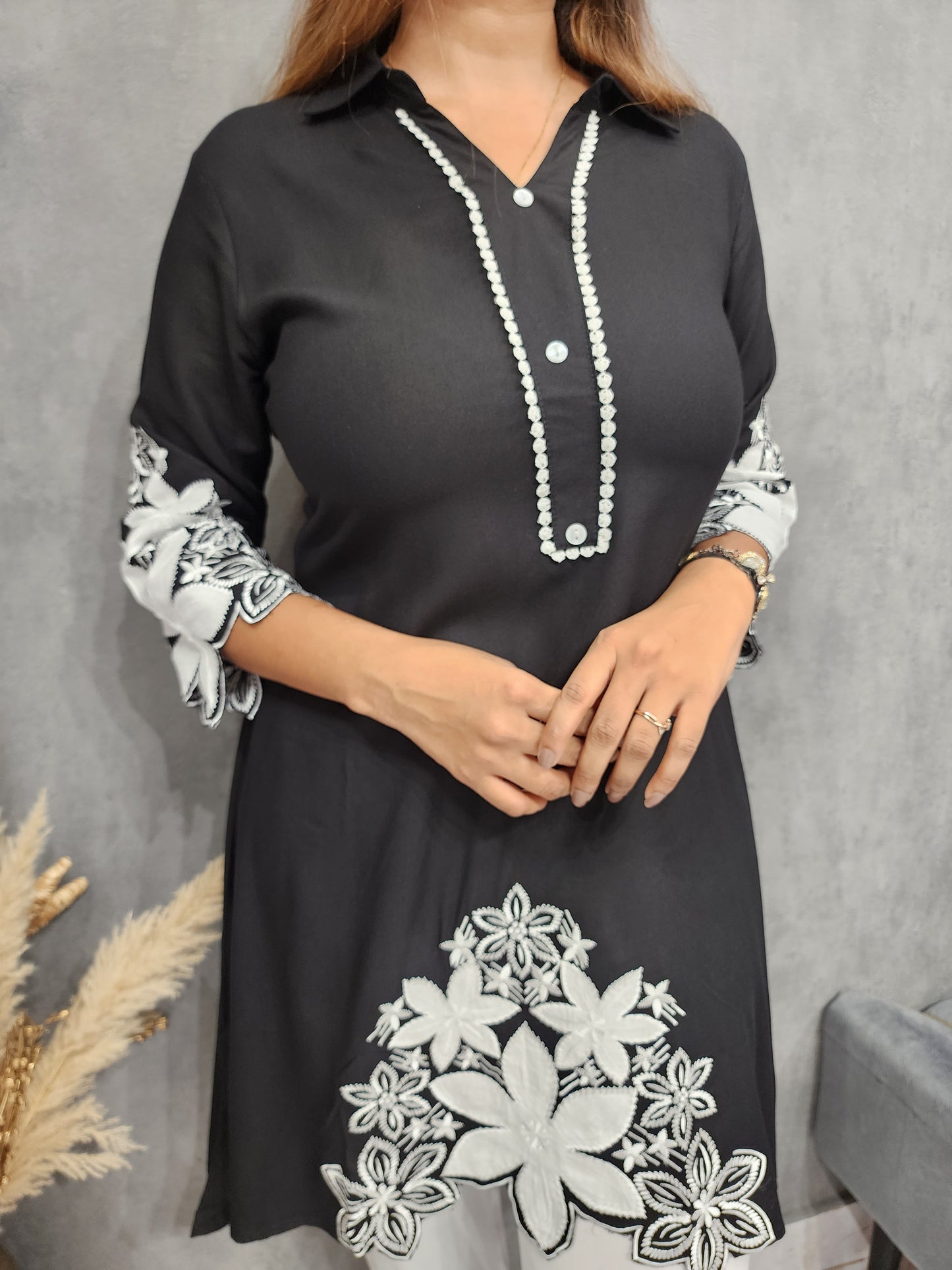 BLACK AND WHITE EMBROIDED HIGH LOW CO-ORD SET