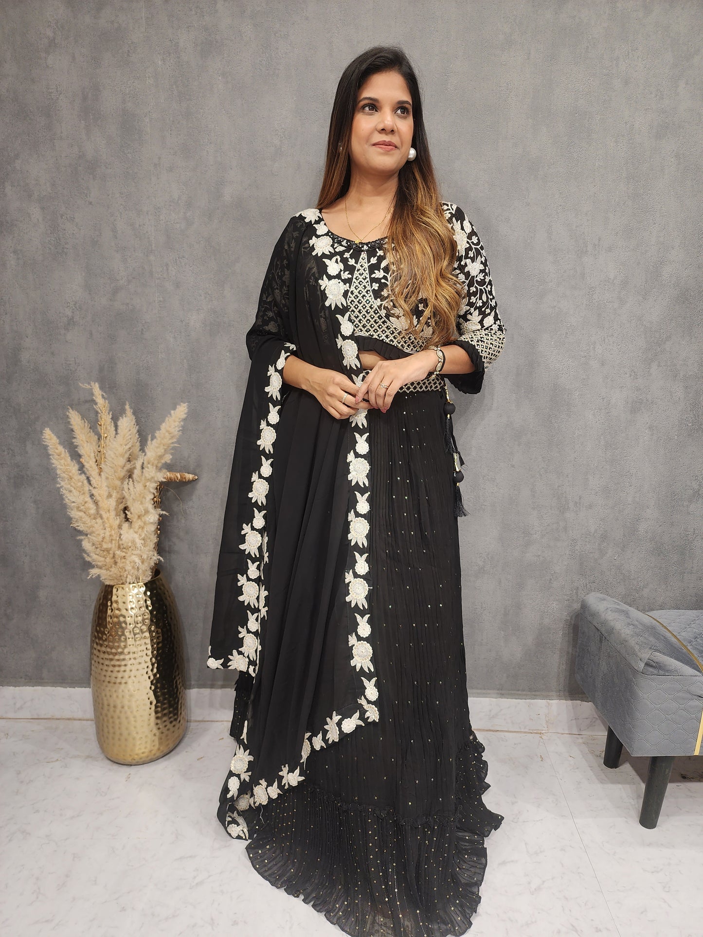 MEERAB BLACK EMBROIDERED SEQUENCE LEHENGA