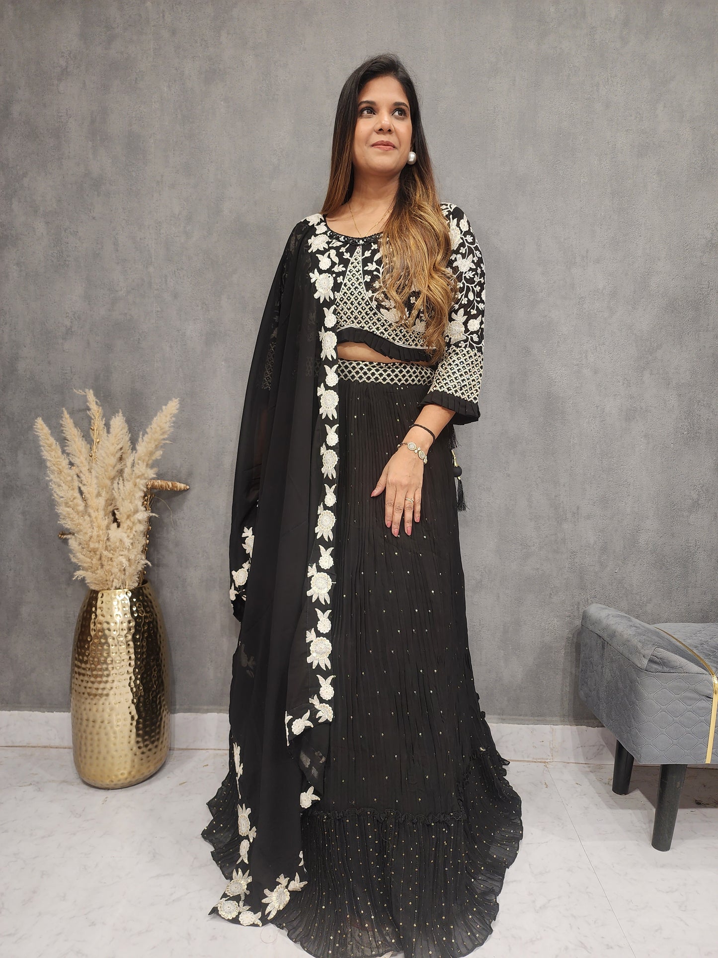 MEERAB BLACK EMBROIDERED SEQUENCE LEHENGA