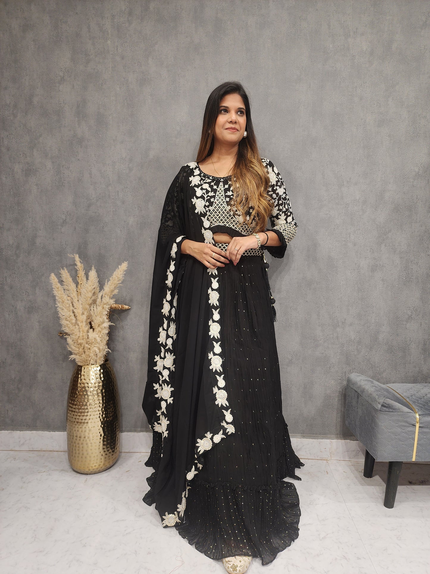MEERAB BLACK EMBROIDERED SEQUENCE LEHENGA