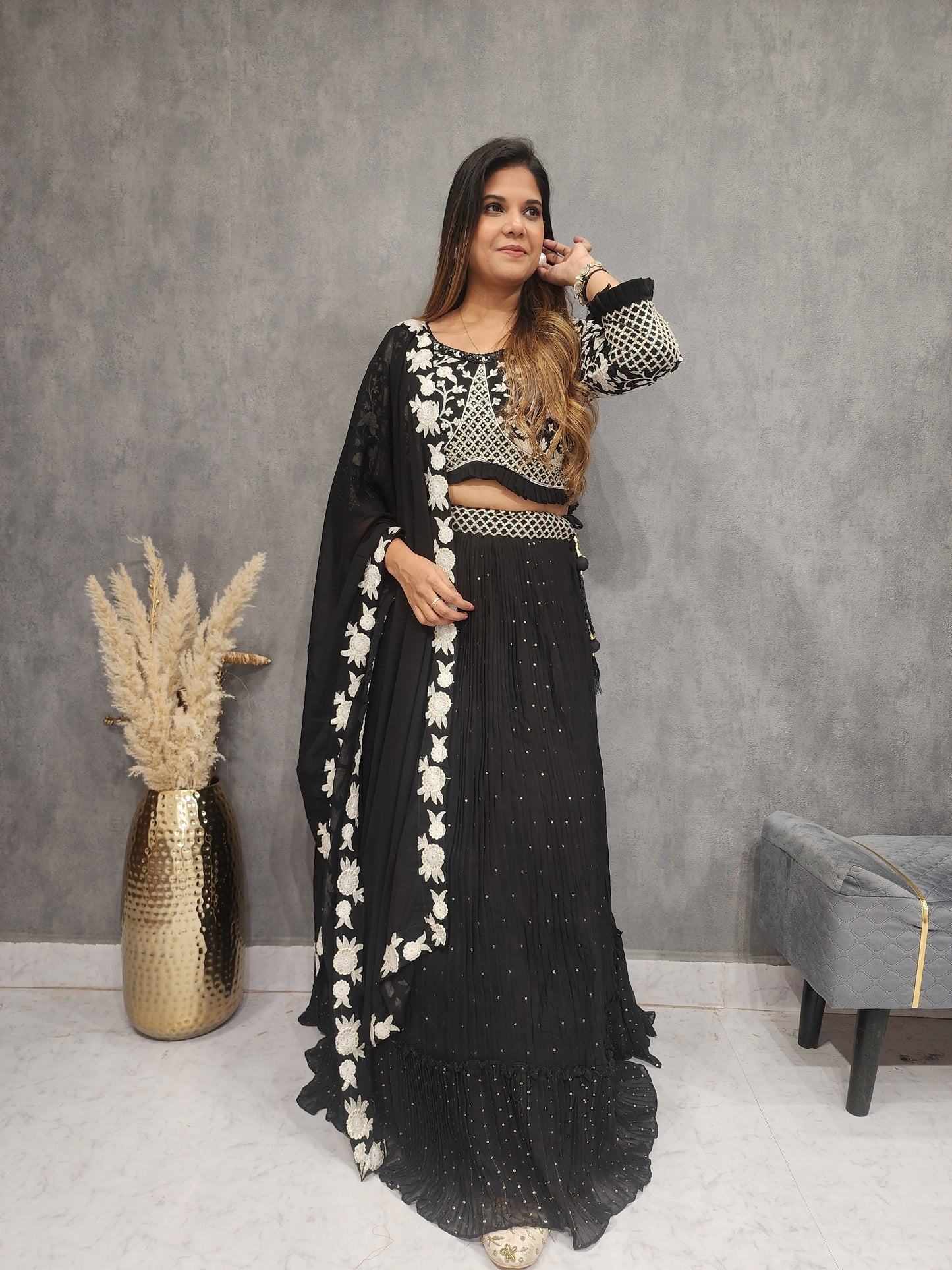 MEERAB BLACK EMBROIDERED SEQUENCE LEHENGA
