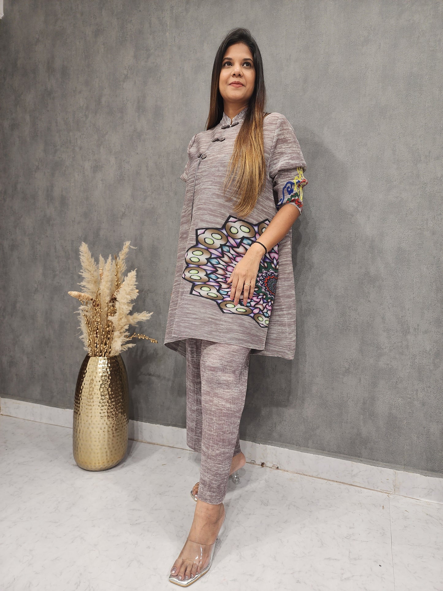 GREY PRINTED PLEATED STYLE CO-ORD SET