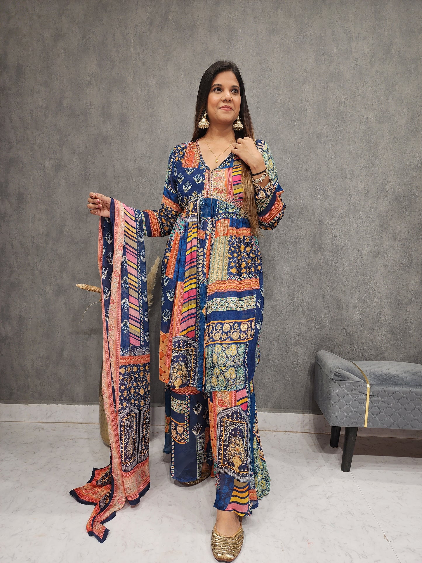 TEAL BLUE ALIA CUT CENTRE SLIT GARARA SET