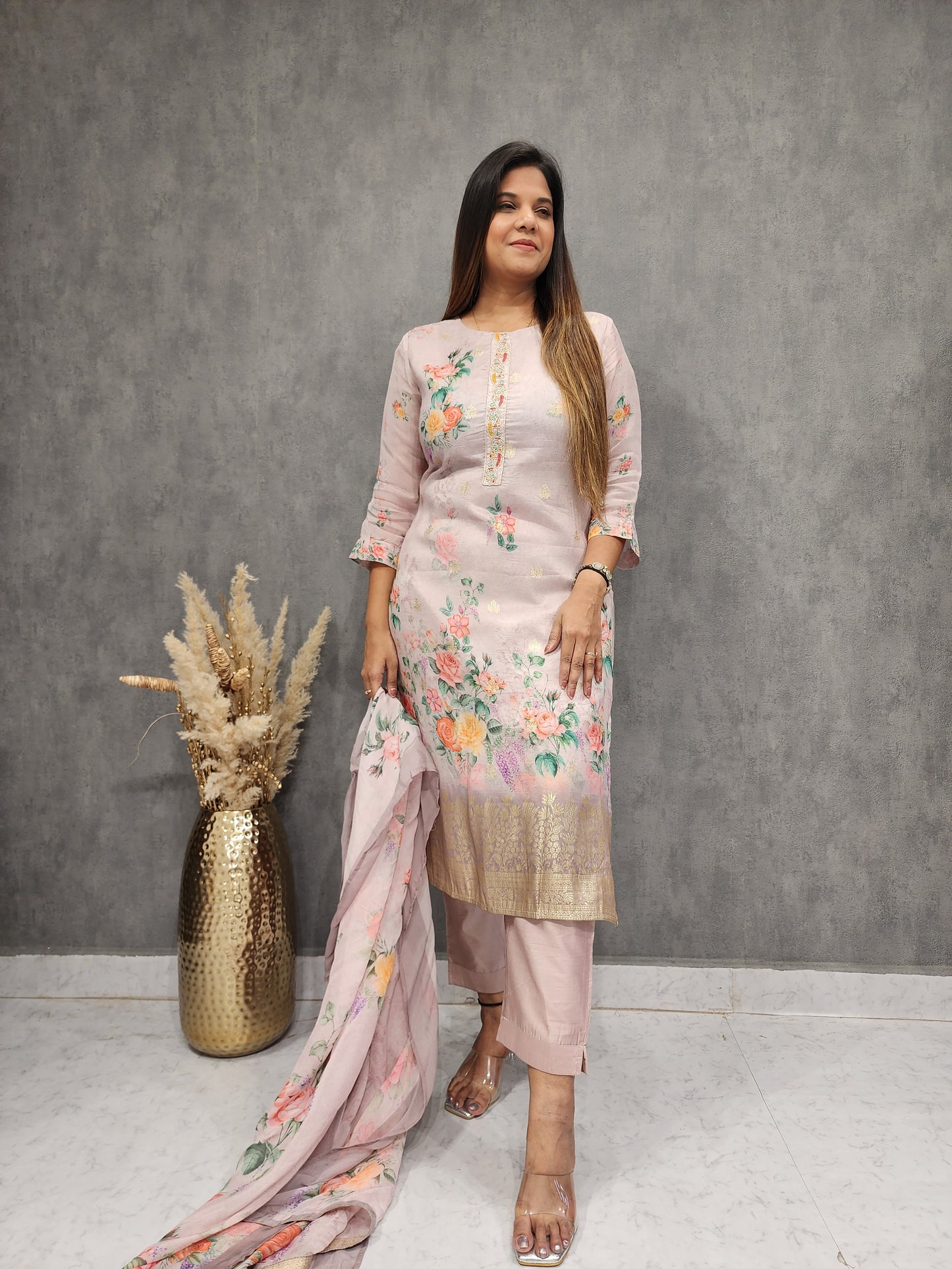 SAGE ONION PINK FLORAL KURTA SET WITH ORGANZA DUPATTA