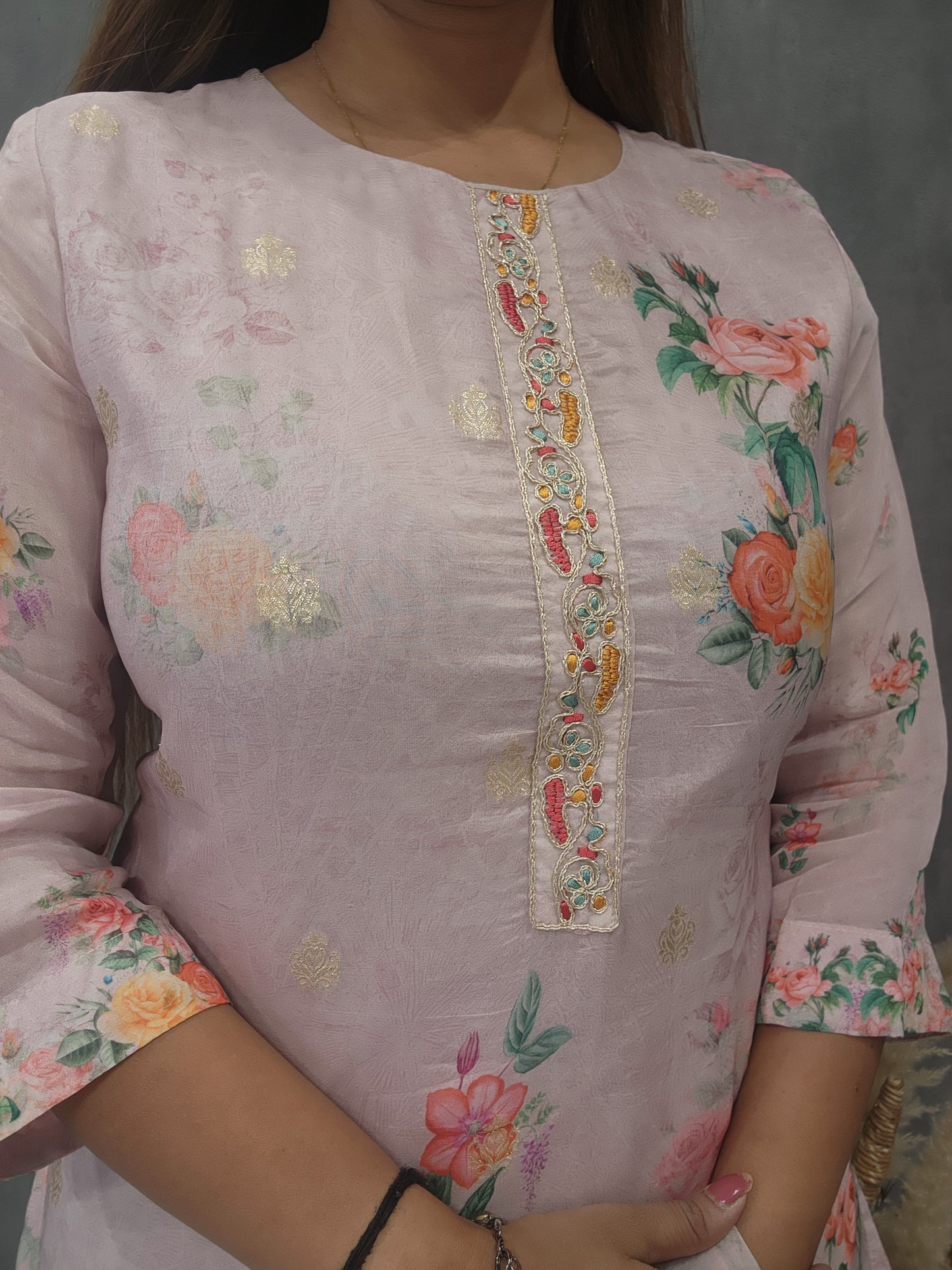 SAGE ONION PINK FLORAL KURTA SET WITH ORGANZA DUPATTA